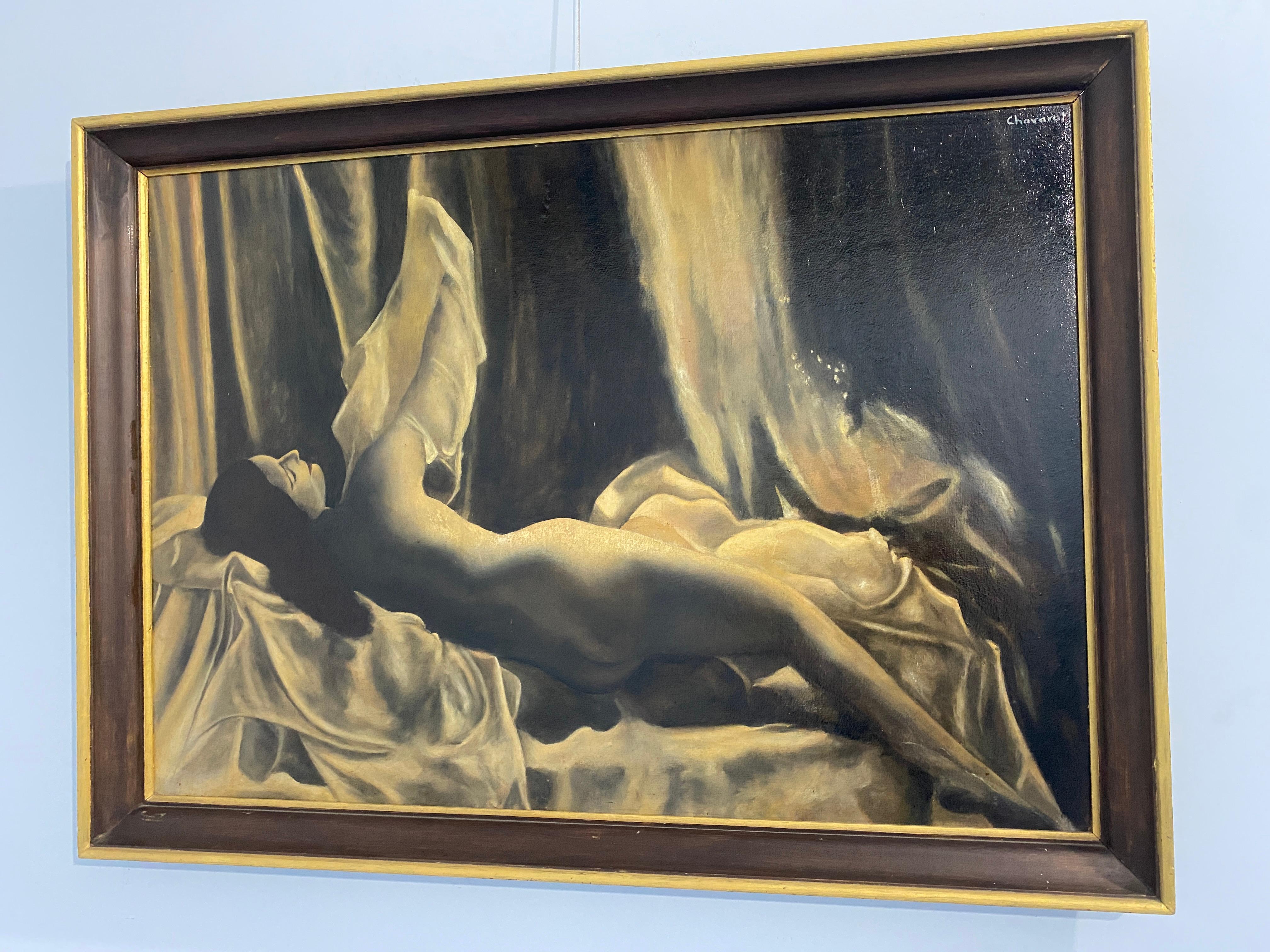 Antikes französisches Art Deco Ölgemälde 'Weiblicher Akt' signiert Chavarot (French) im Angebot