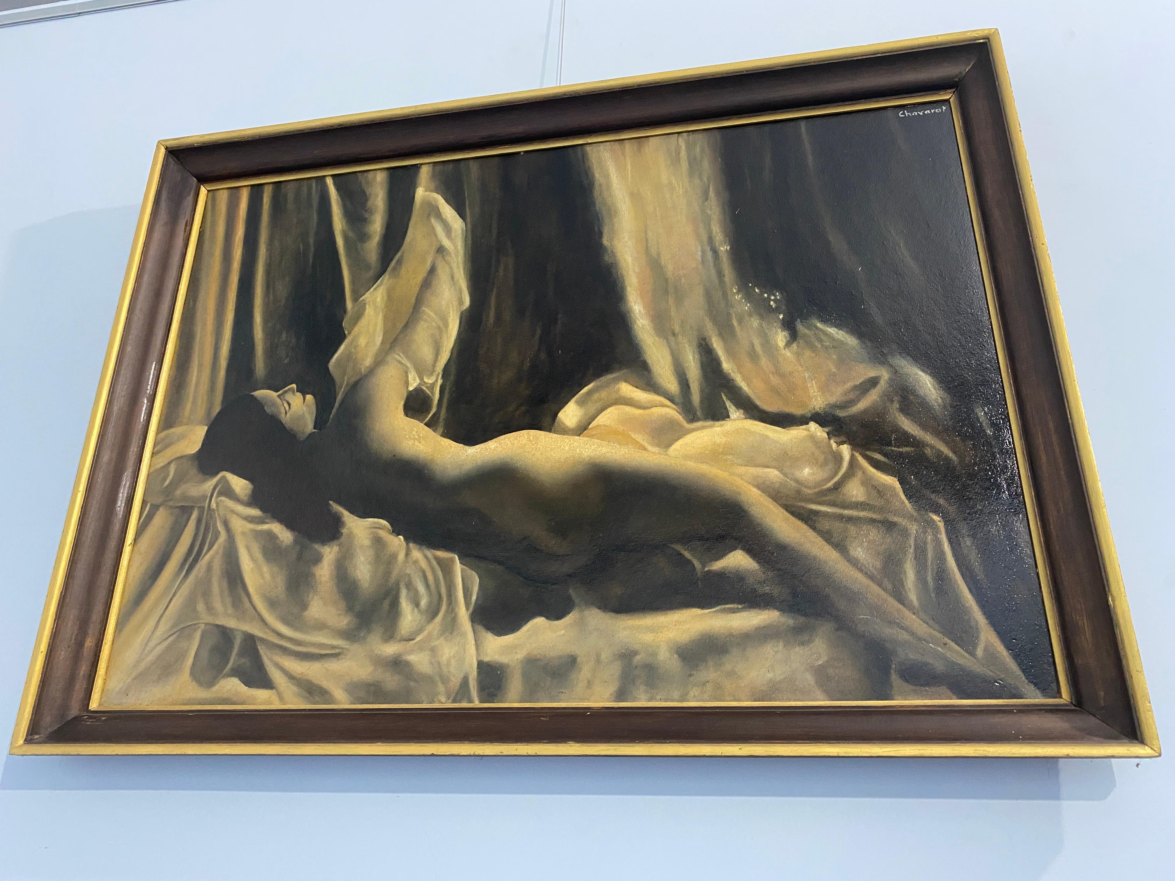 Antikes französisches Art Deco Ölgemälde 'Weiblicher Akt' signiert Chavarot (Geölt) im Angebot