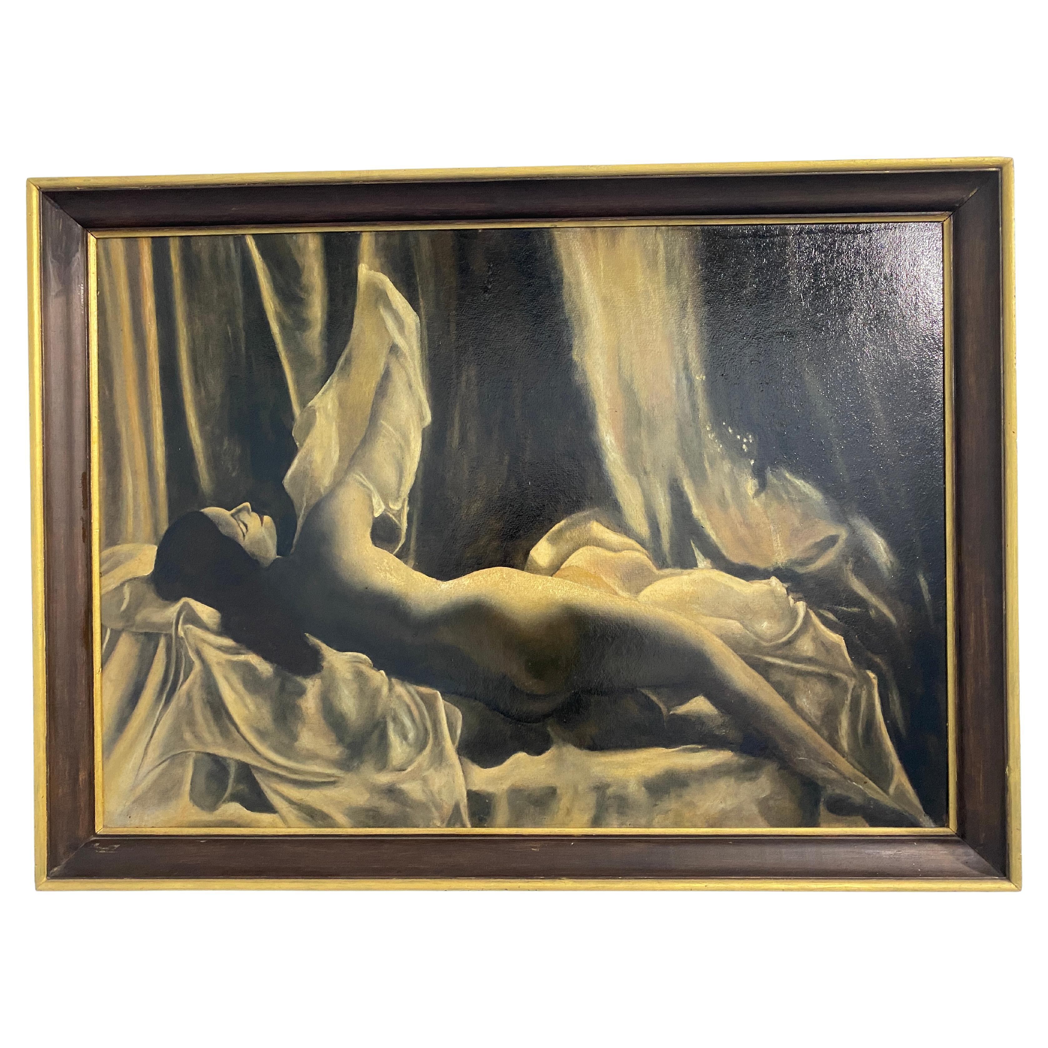 Antique French Art Deco oil painting "Female Nude" signed Chavarot For Sale