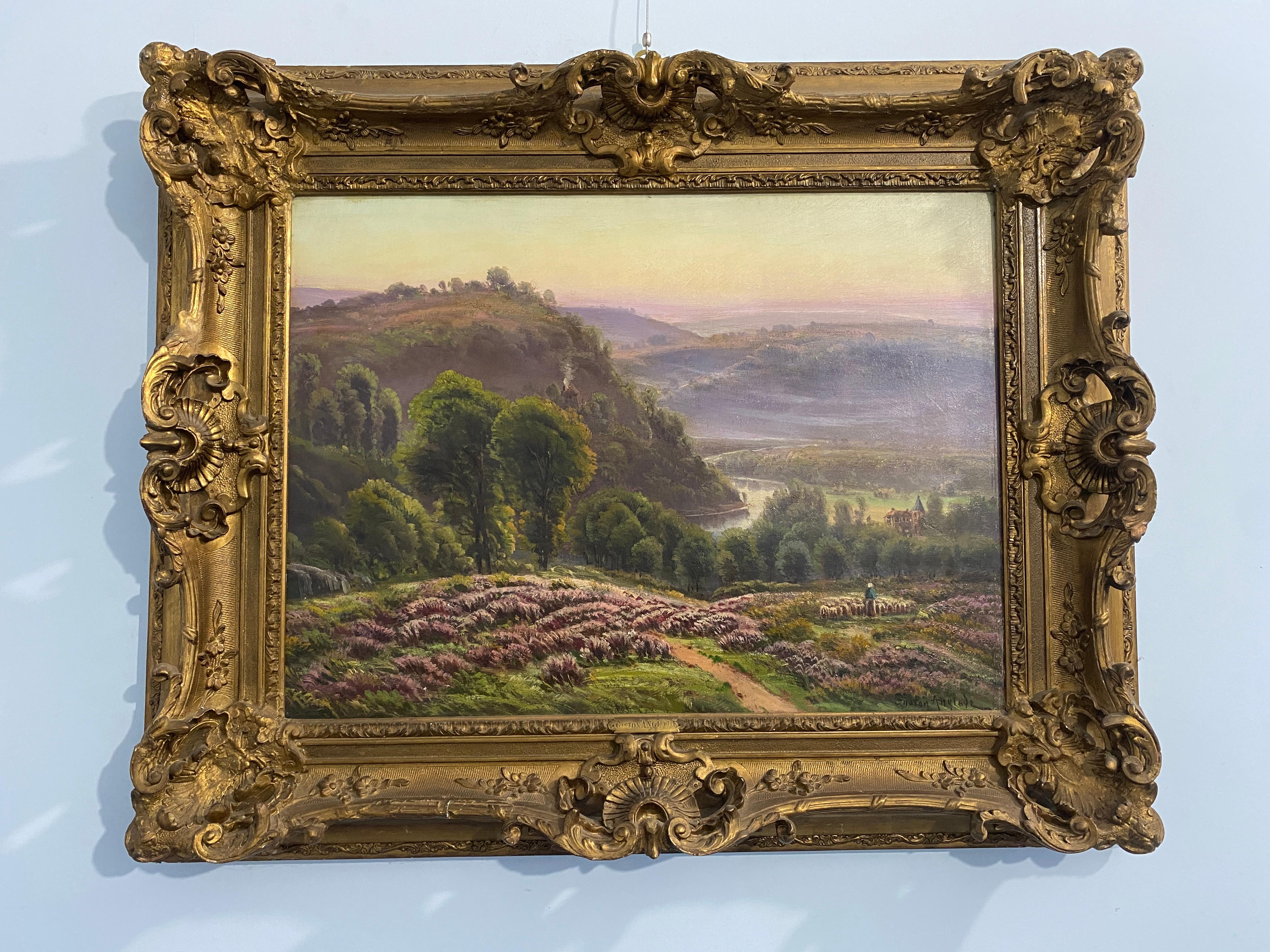 Antique French oil painting "Landscape with blooming heather" by Gaston Anglade For Sale