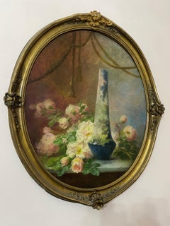 Antico dipinto a olio "Natura morta con fiori" firmato Guerin Therese inizio 900