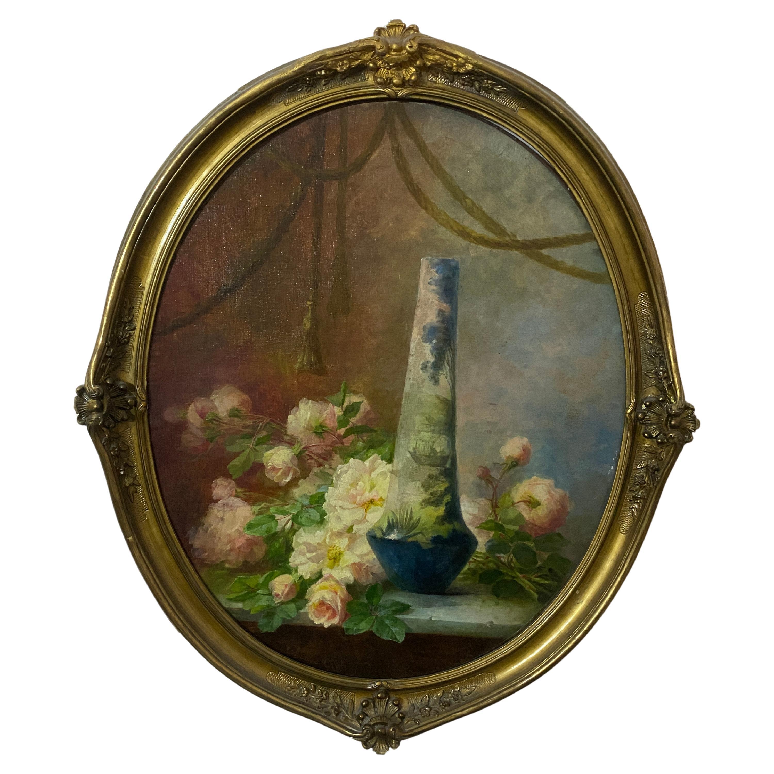 Antico dipinto a olio "Natura morta con fiori" firmato Guerin Therese inizio 900 For Sale