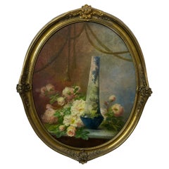 Antico dipinto a olio "Natura morta con fiori" firmato Guerin Therese inizio 900