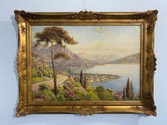 Ancienne peinture à l'huile 'Paysage avec lac' signée, H Johahnsen