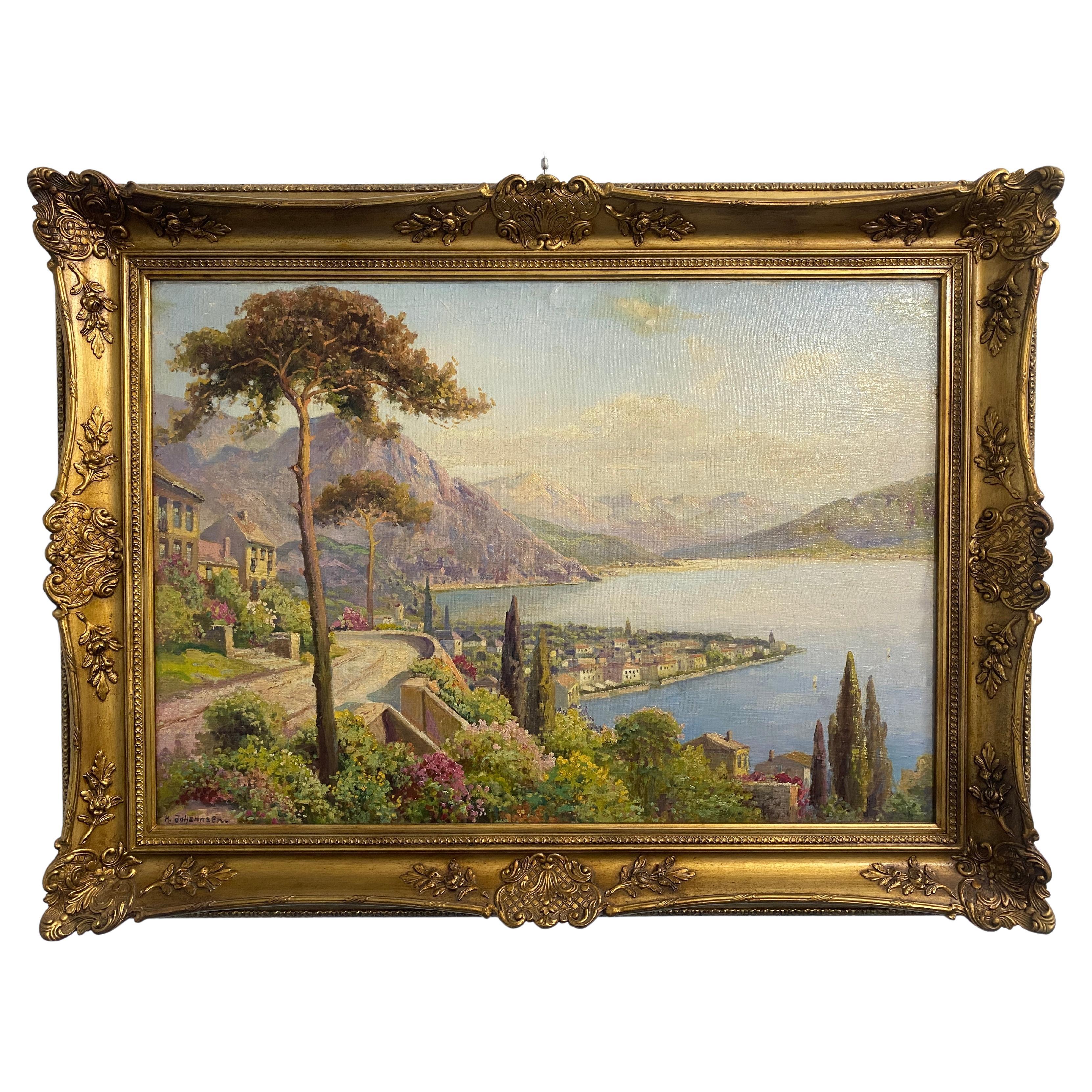 Ancienne peinture à l'huile 'Paysage avec lac' signée, H Johahnsen
