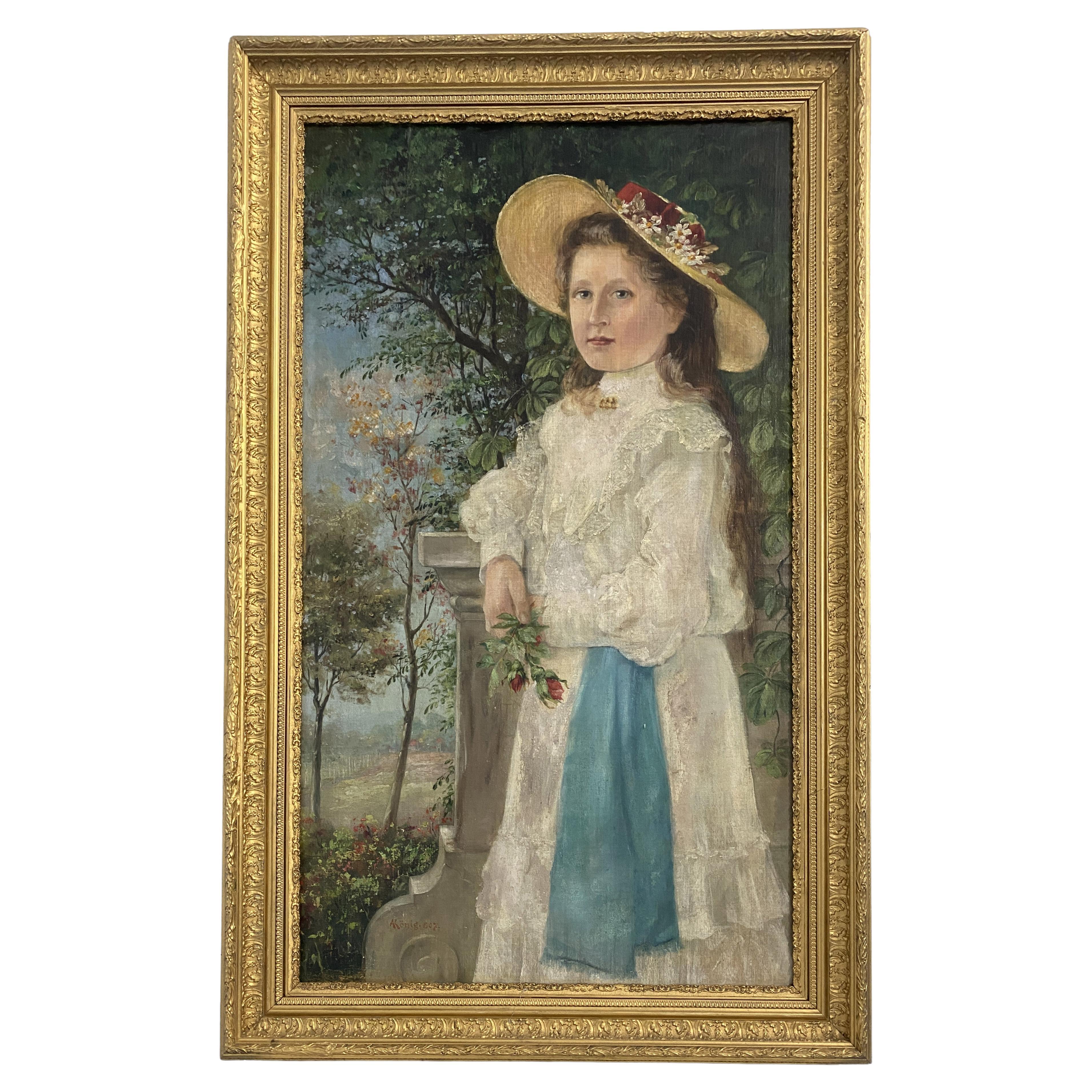 Antique German oil painting "Portrait of a Maiden" from 1901 signed Konig