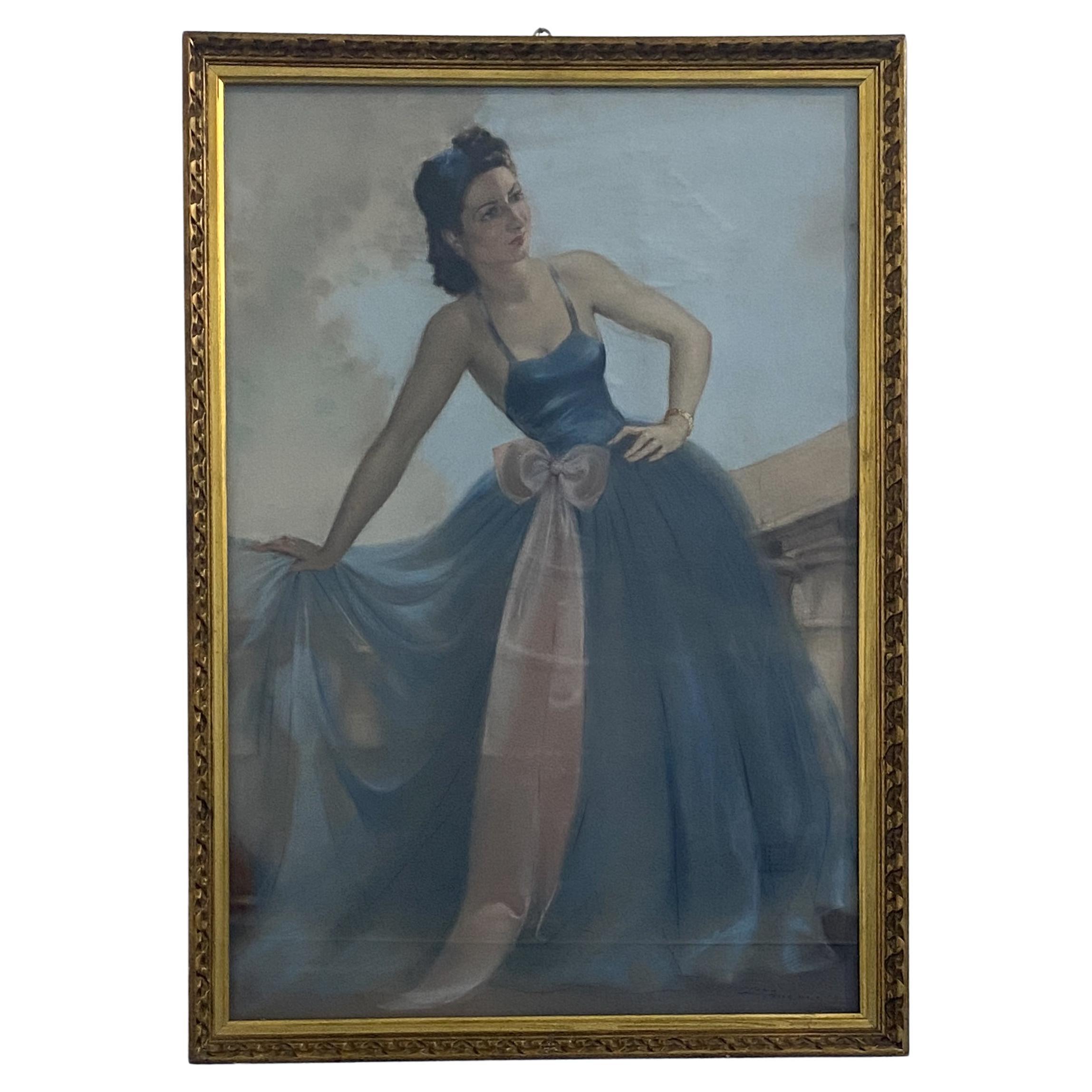 Antique French pastel painting from the 1930s "Young Woman" signed