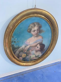 Antique French pastel painting "Mother with Child" from the early 1900s