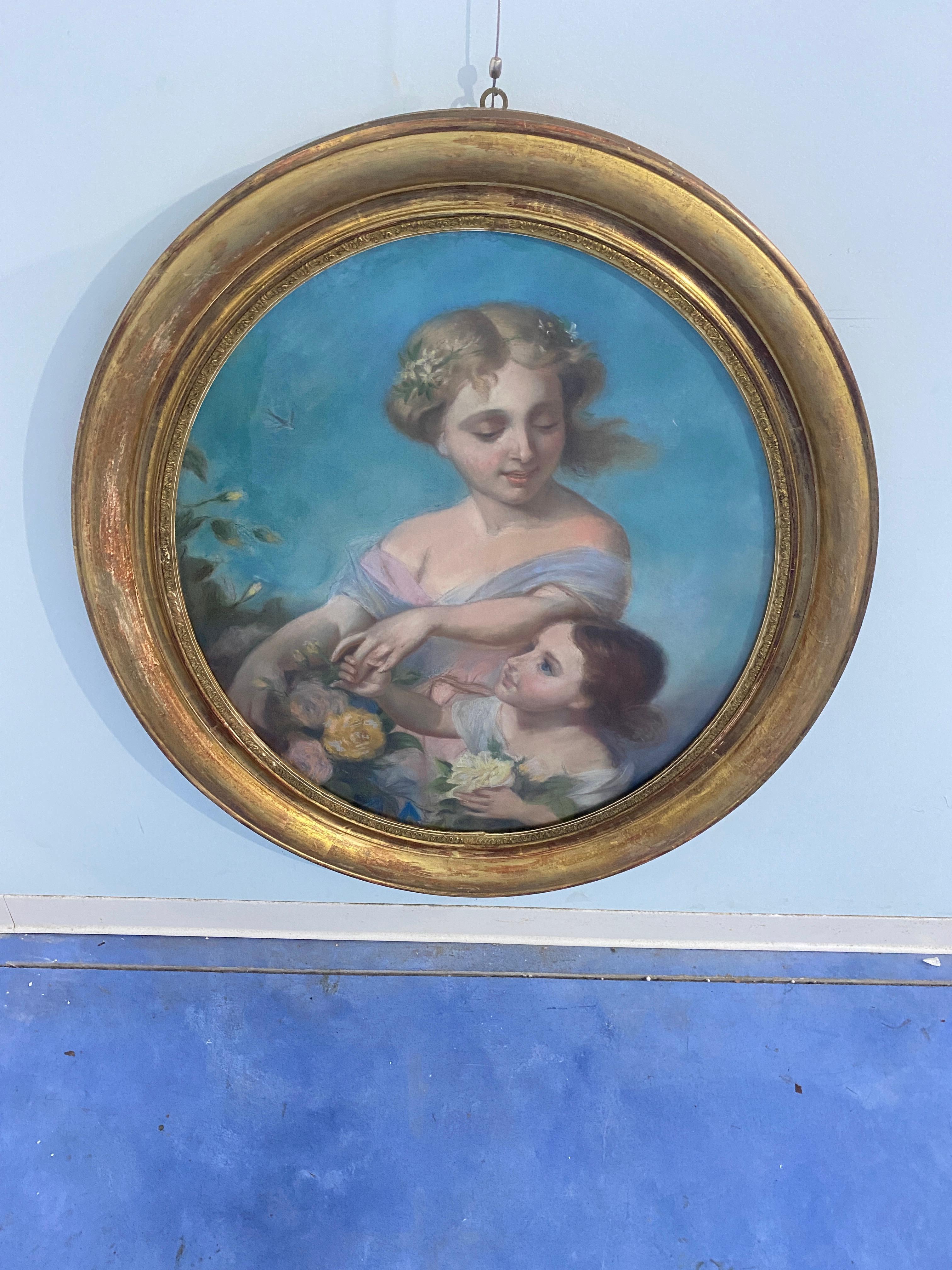Wood Antique French pastel painting 
