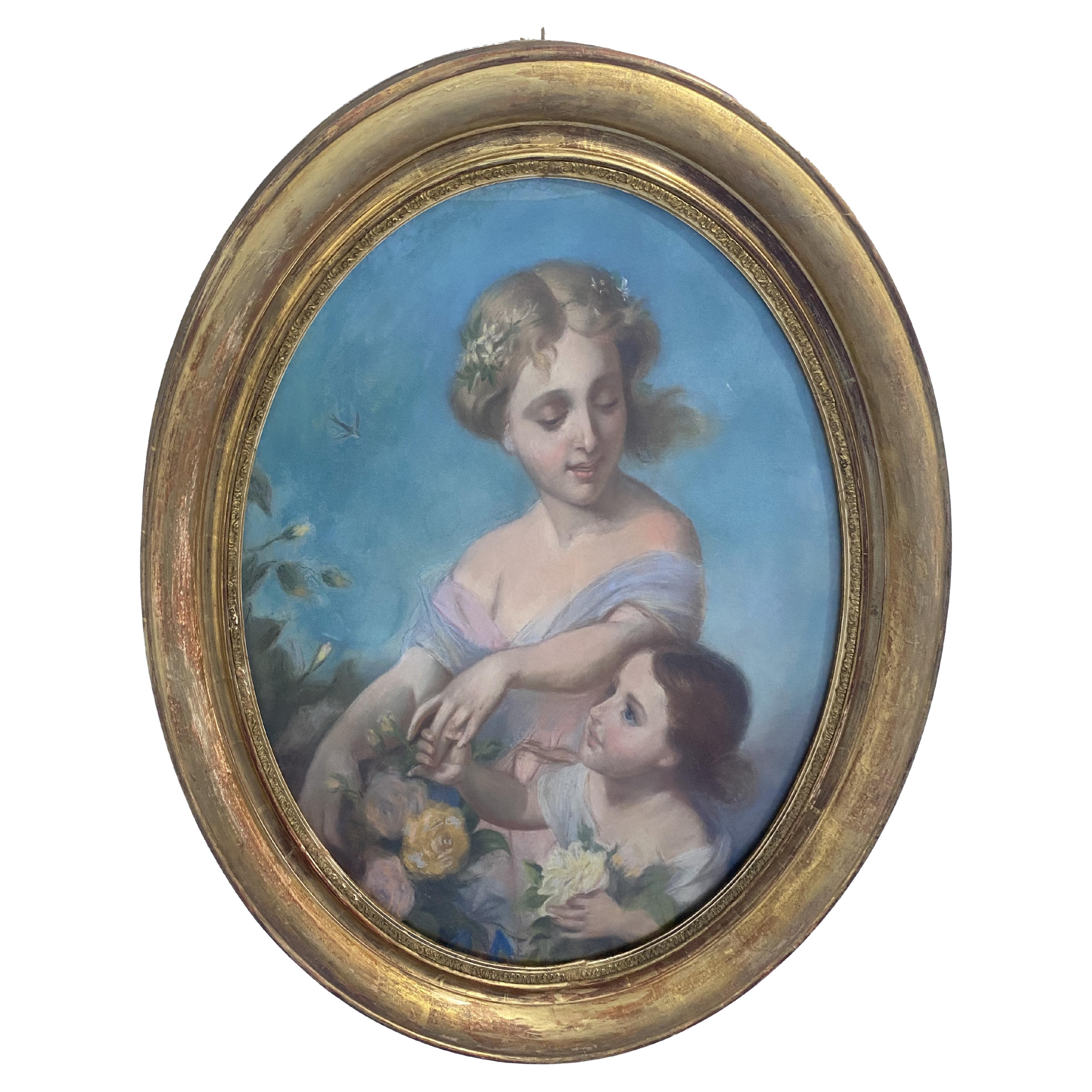 Pastel français ancien "Mère et enfant" du début du 20e siècle