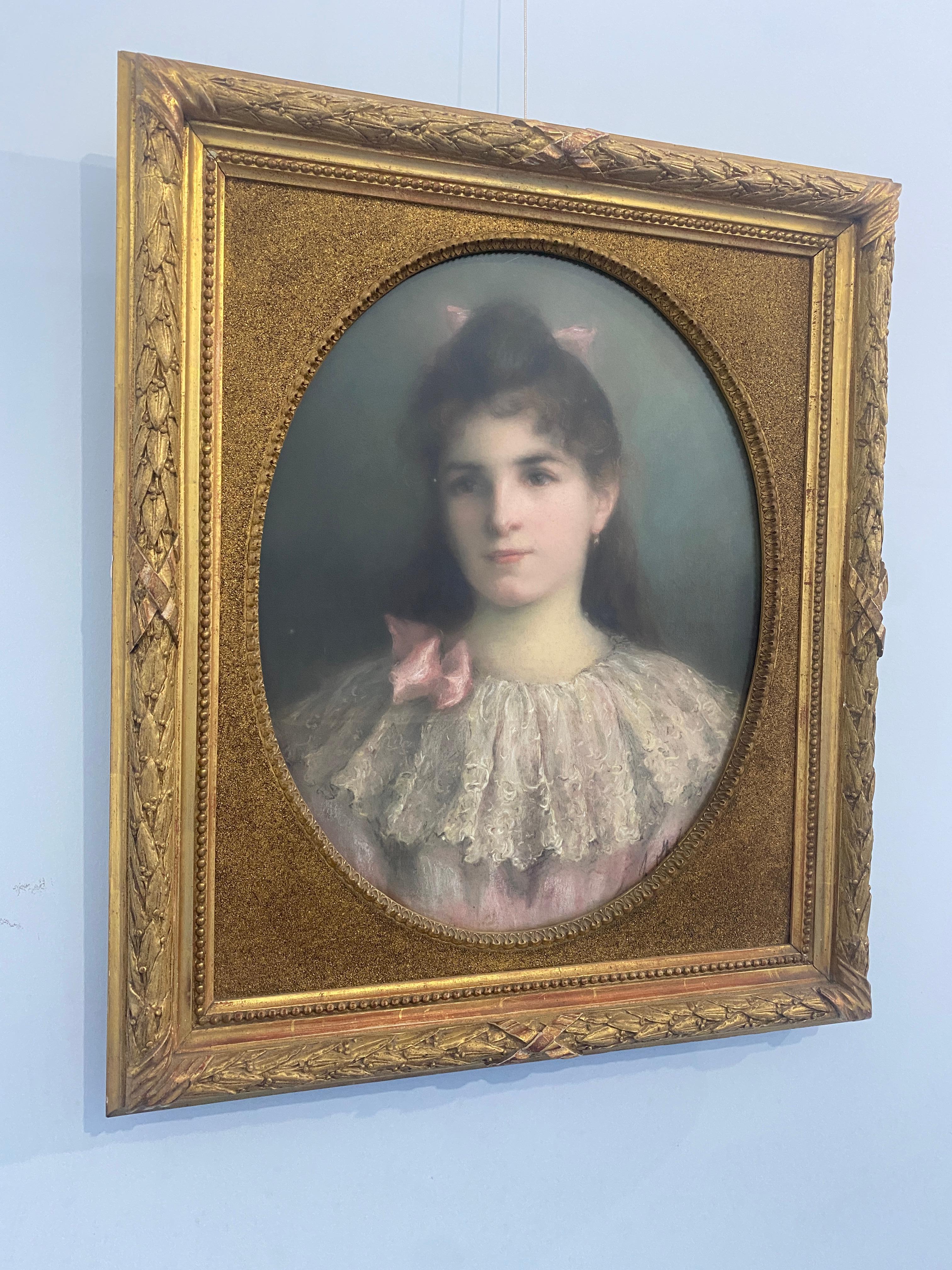 Stunning French pastel painting executed in 1899,signed,the author demonstrates great skill in capturing the tenderness of the maiden's gaze,her eyes speak.Of a sure academic school,the author reveals great skill in painting the rich details of the