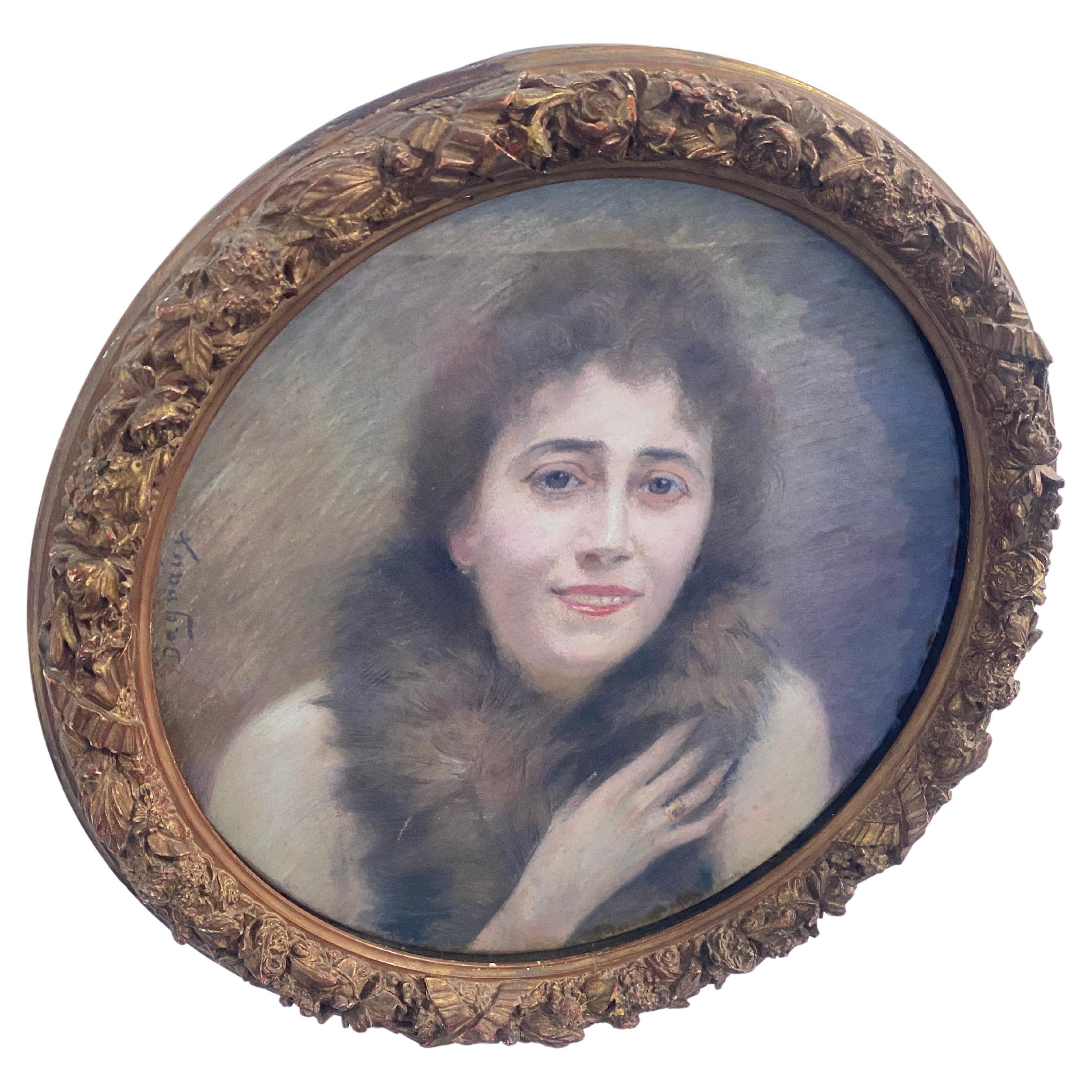 Antico dipinto a pastello "ritratto di donna" firmato Dagnaux, Francia 1900