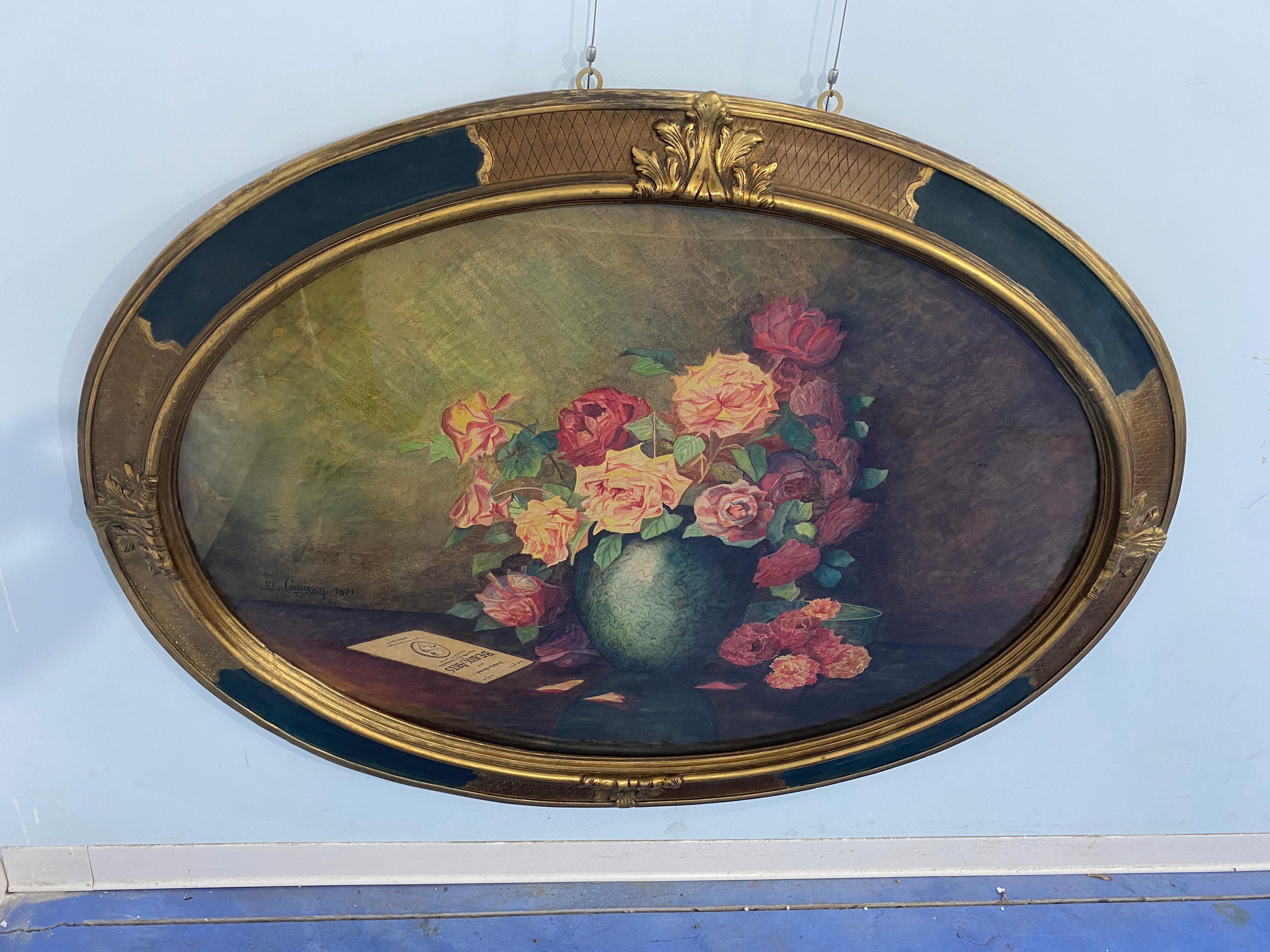 Refined watercolor painting executed by Elie Camoisson in 1931.The author belonging to the Société Lyonnais des Beaux-Arts,demonstrates in this work a truly unique and original style in depicting roses by combining them with a skillful use of