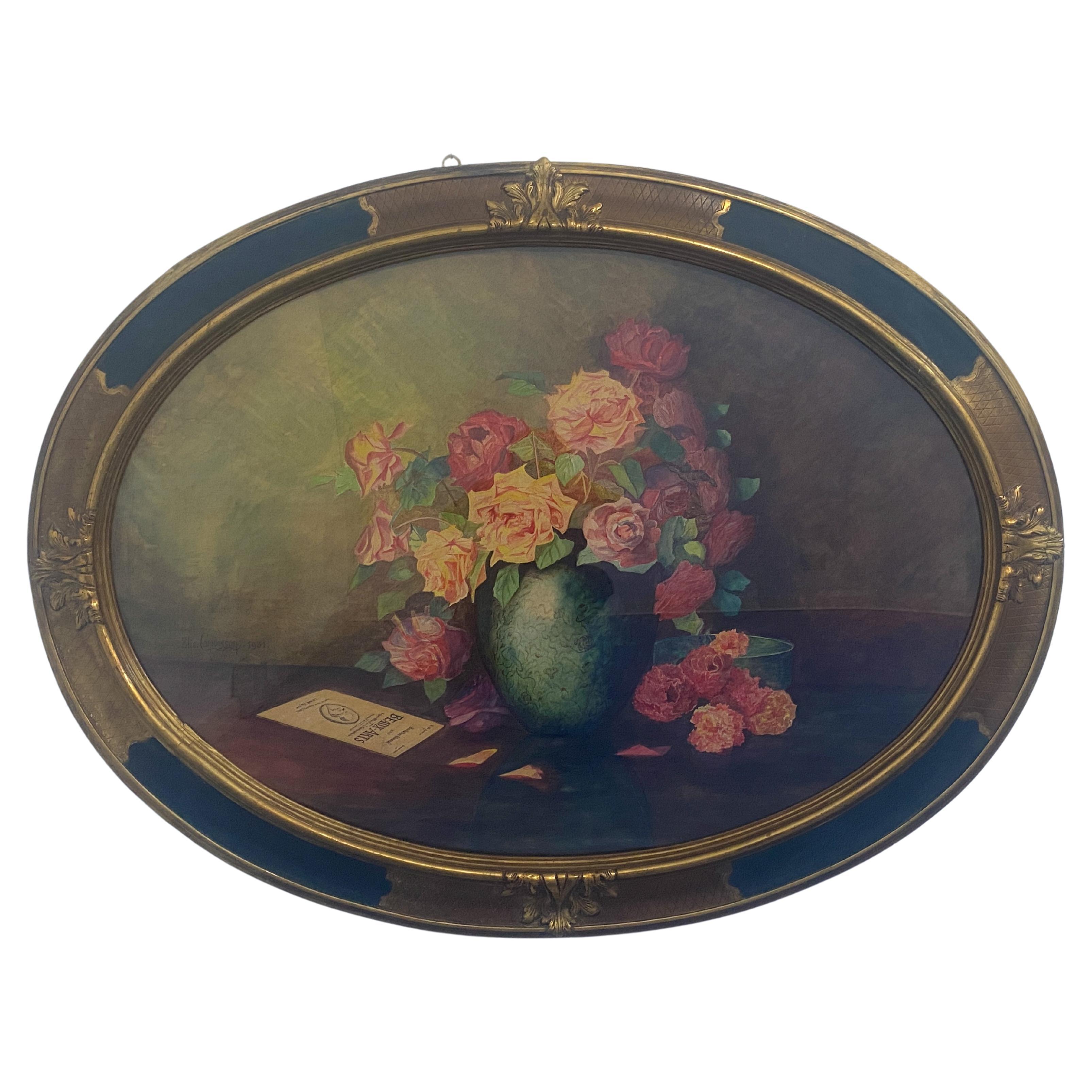 Antique watercolor painting "Vase of flowers" signed Elie Camoisson, France 1931 For Sale