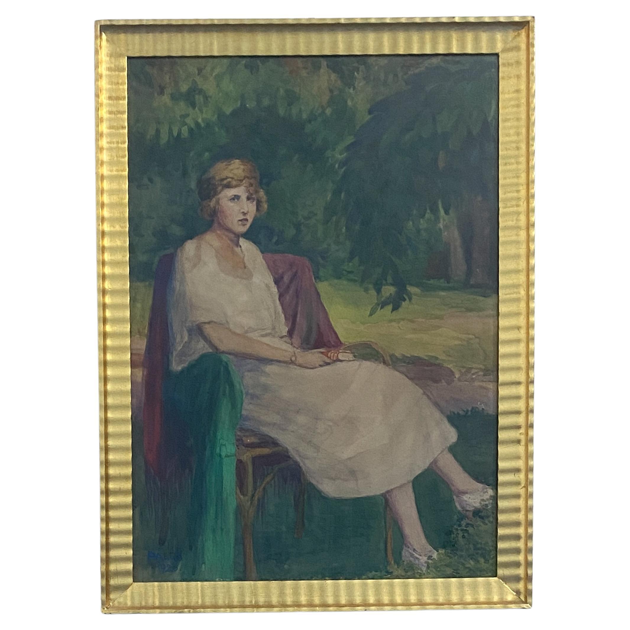 Antico dipinto ad acquerello "Donna in giardino" eseguito da Palla Jeno nel 1920