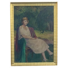 Antique watercolor painting "Woman in the Garden" executed by Palla Jeno in 1920