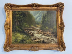 Antico dipinto ad olio "Paesaggio di Montagna con torrente" di Lazlo Neogrady