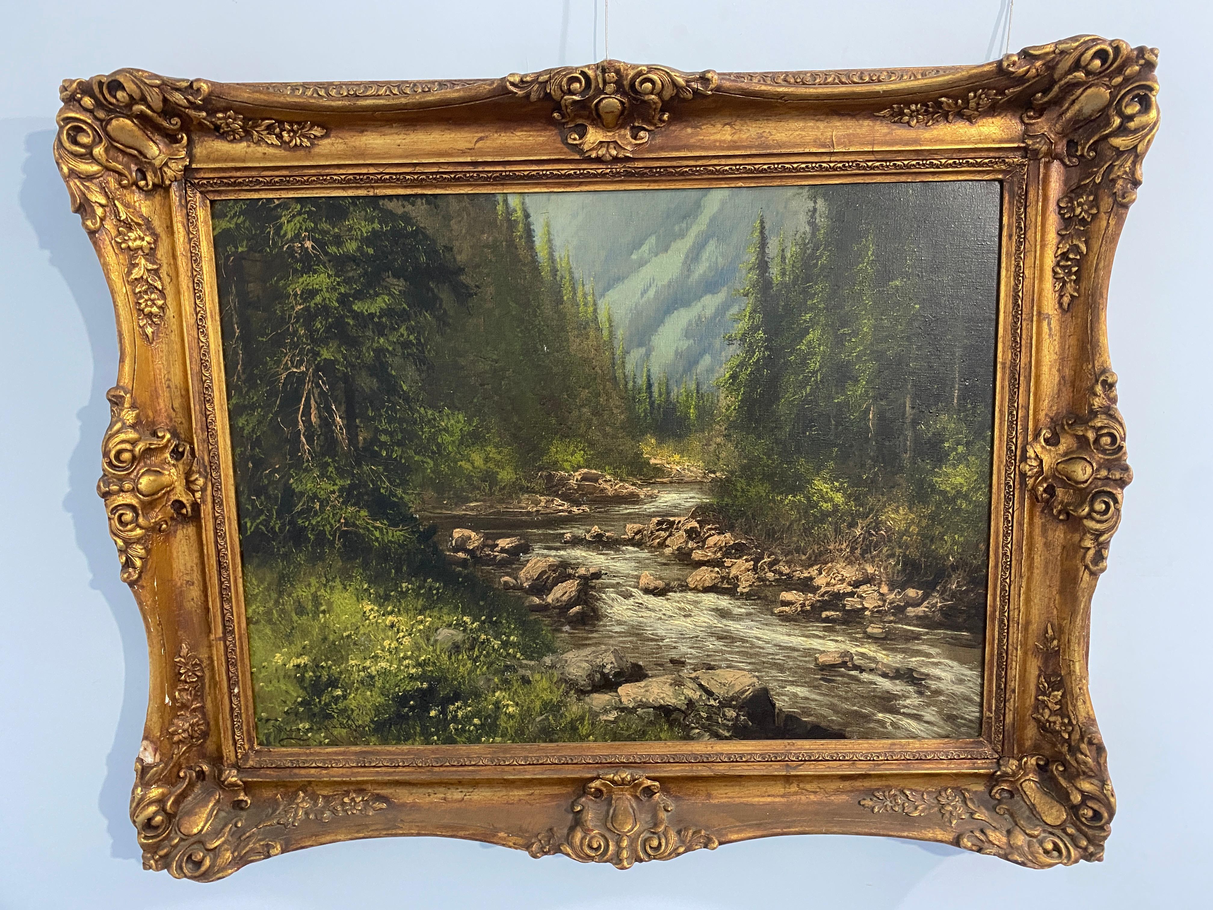 Antico Dipinto ad Olio „Paesaggio di Montagna con torrente“ von Lazlo Neogrady, Neogrady (Geölt) im Angebot