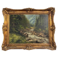 Vintage Antico dipinto ad olio "Paesaggio di Montagna con torrente" di Lazlo Neogrady