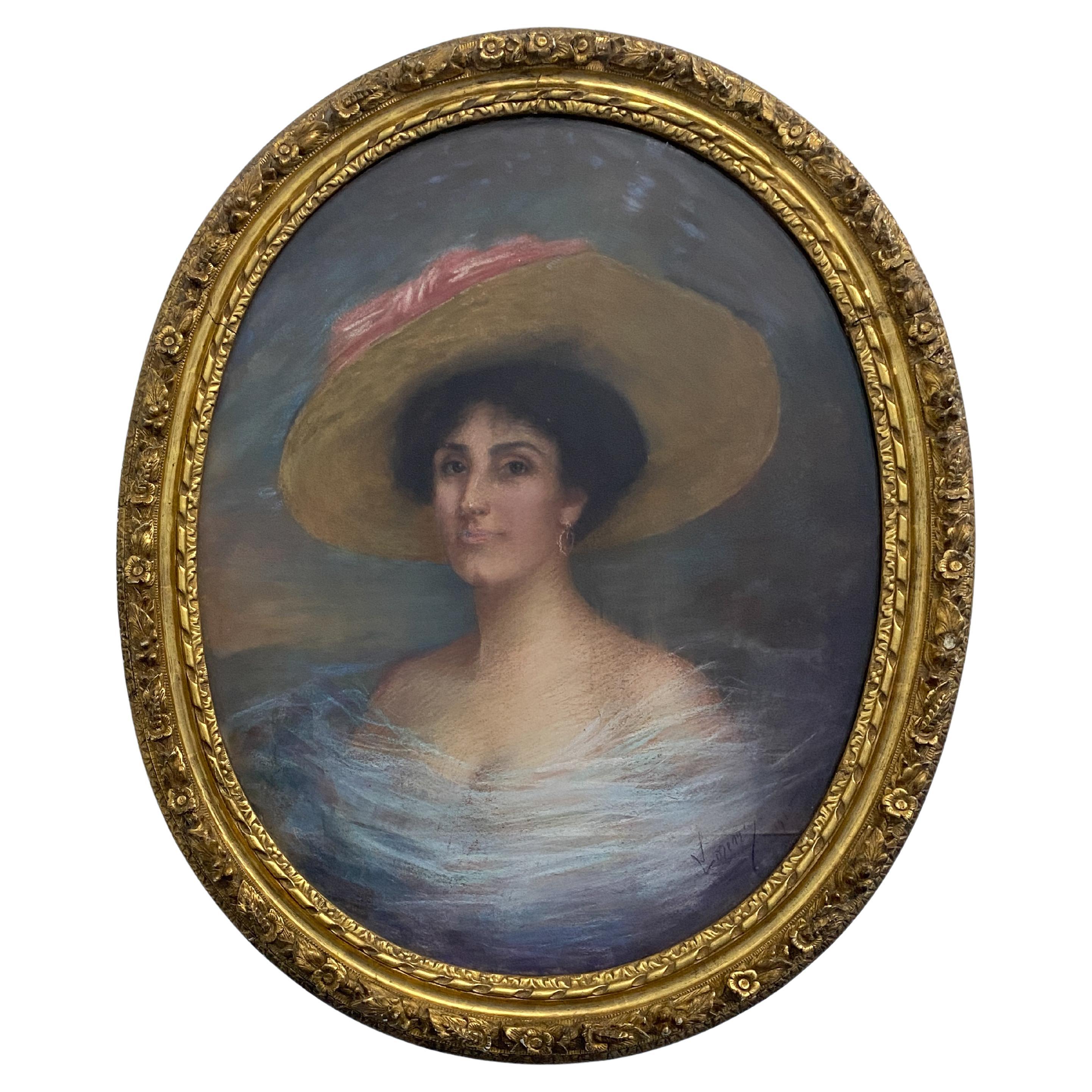Antico dipinto francese a pastello "Ritratto di donna", firmato , datato 1915
