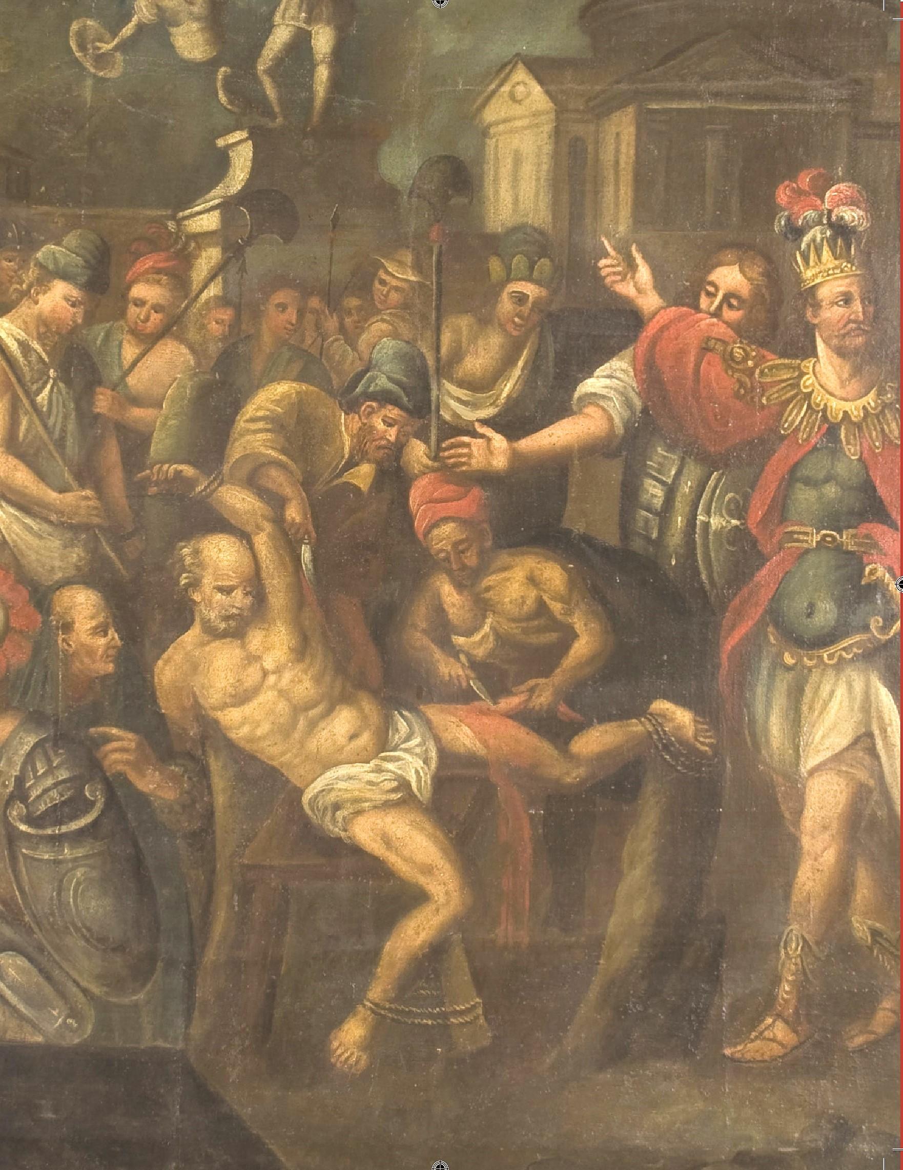 Antikes Gemälde Martyrium des Heiligen Bartholomäus, von einem nordeuropäischen Maler aus dem 17

Öl auf Leinwand 100 x 150 cm
Gemälde nach einem Motiv von Martin de Vos (1532-1603), das durch einen Stich von Hendrick Goltzius (1559-1617) berühmt