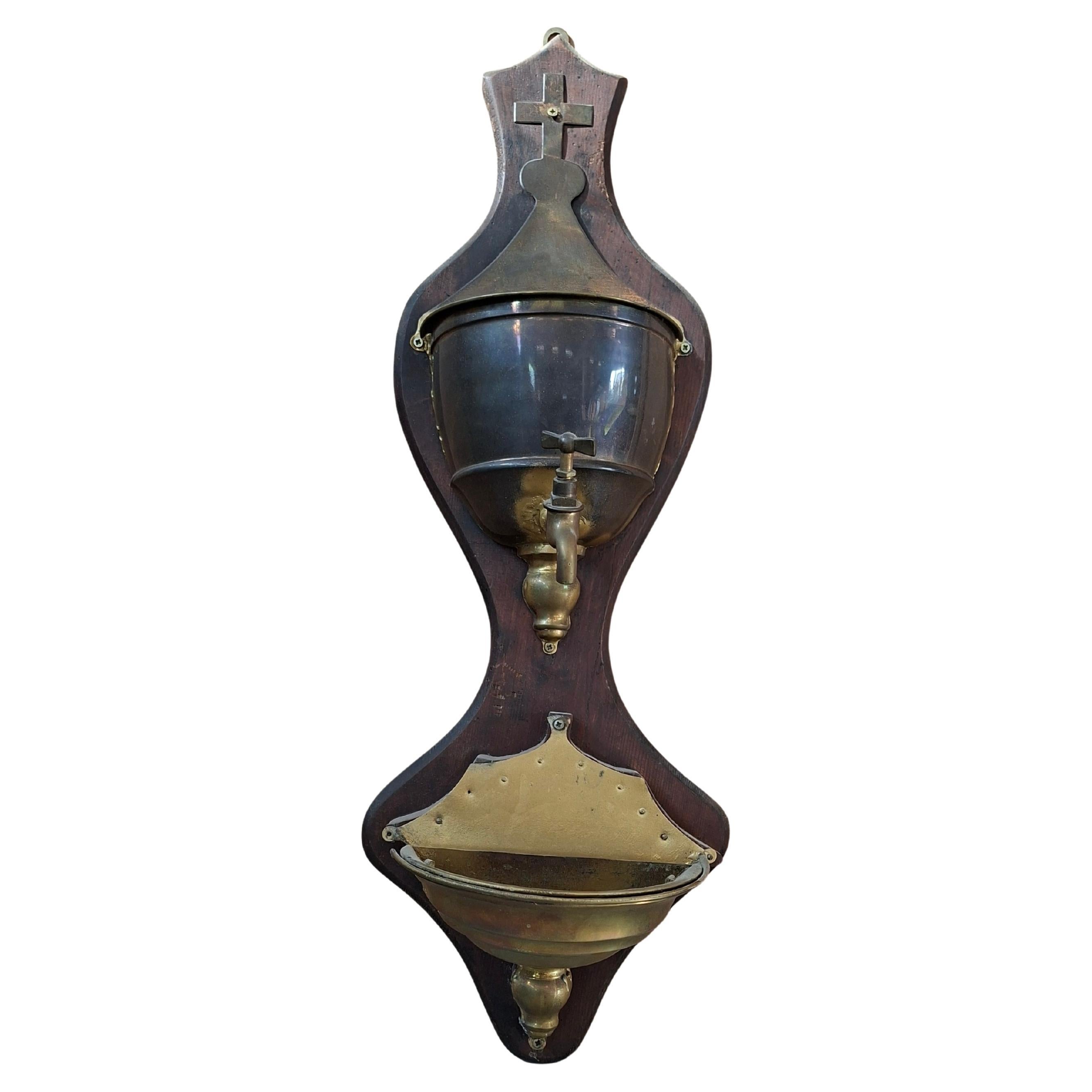 Antique Brass and Wood Wall Hand Basin with Cross Early 20th Century