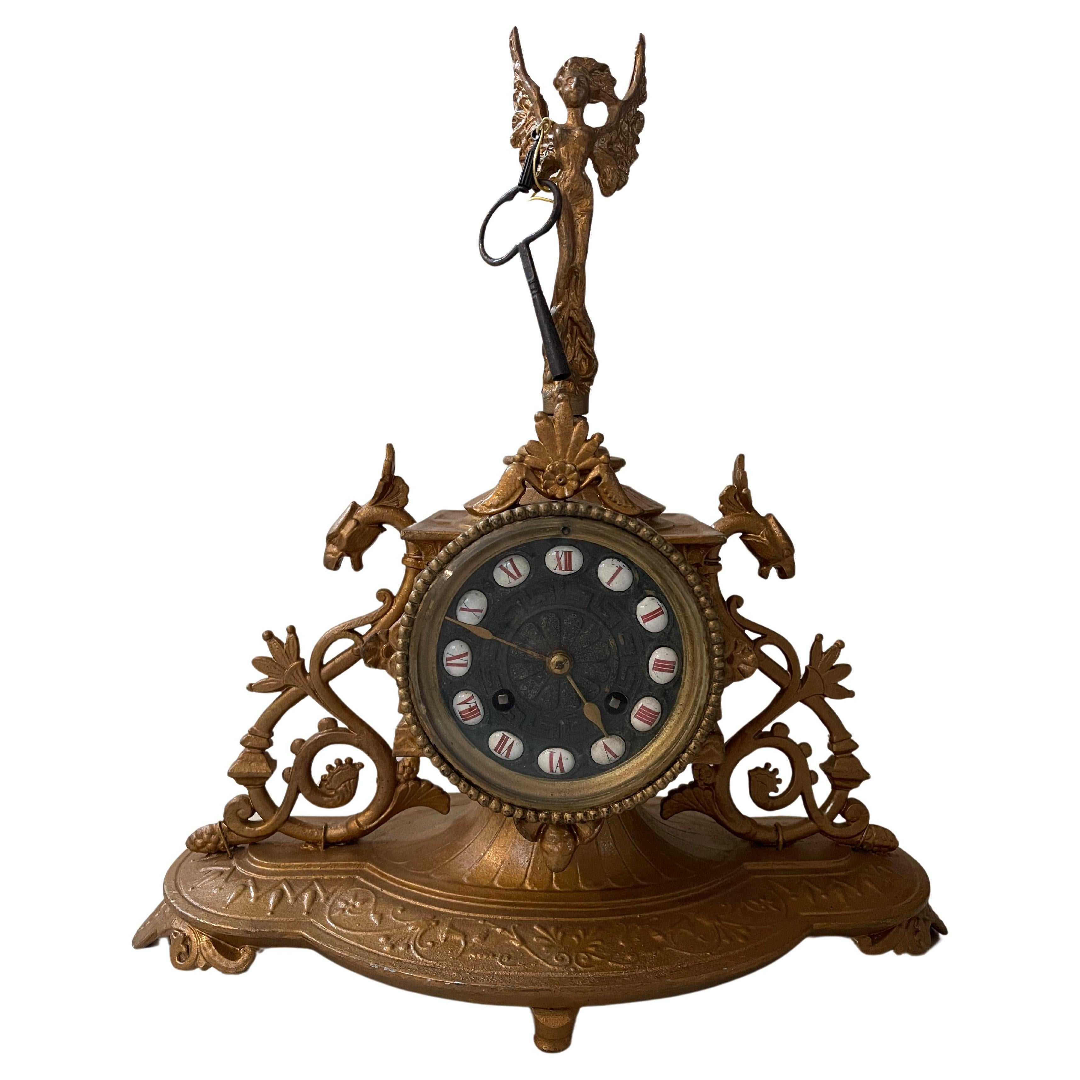 Antique Bronze Angel Table Clock For Sale