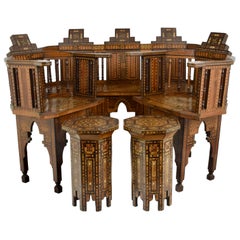 Antico set da Salotto Siriano con Intarsi Damasceni e Legni preziosi, XX Secolo