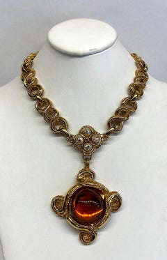 Antigona Paris 1980s Gold Link with Amber Cabochon Pendant Necklace