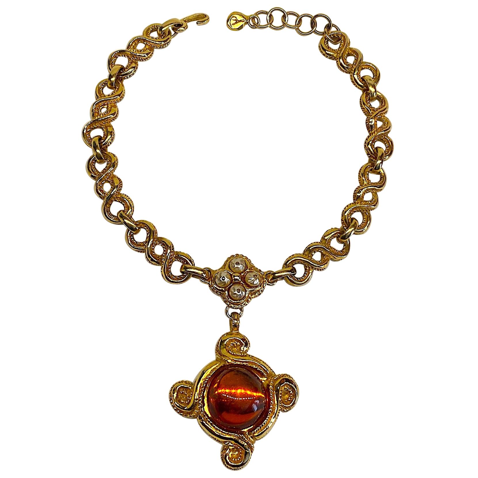 Antigona Paris 1980s Gold Link with Amber Cabochon Pendant Necklace