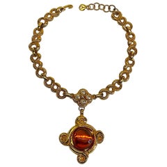 Antigona Paris 1980s Gold Link with Amber Cabochon Pendant Necklace