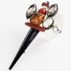 Antigona Paris Black Enamel Metal Jeweled Barrette Brooch