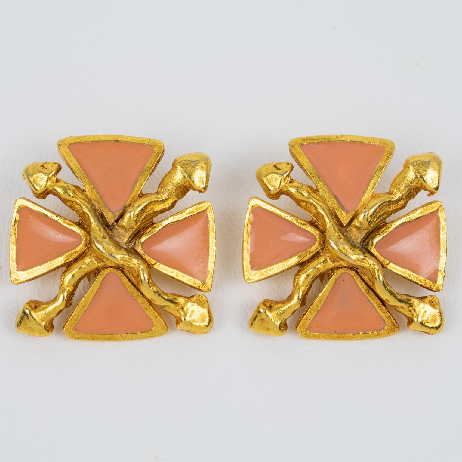 Modern Antigona Paris Gilt Metal and Pink Enamel Maltese Cross Clip Earrings For Sale