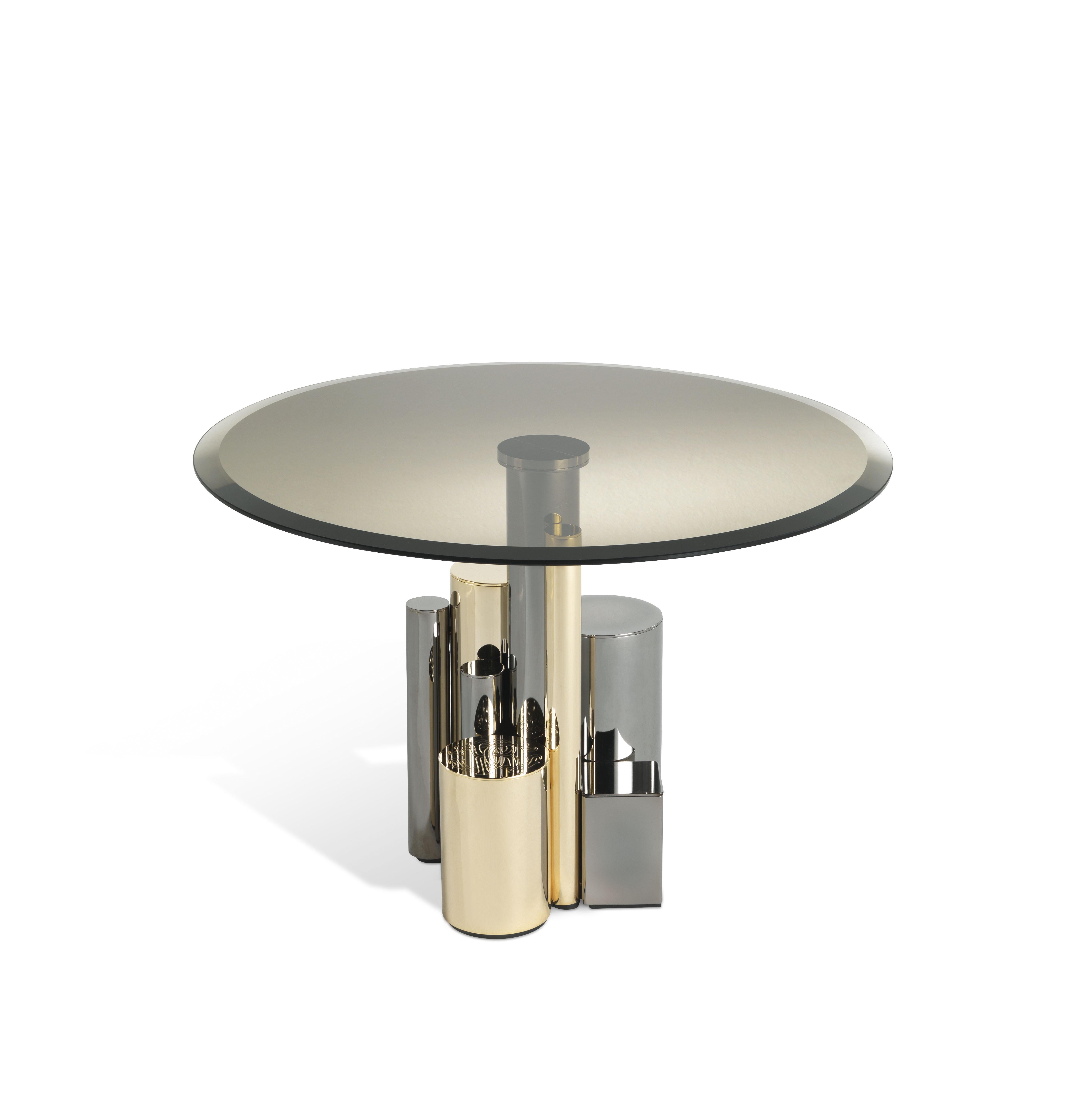 Contemporary lines and precious materials for Antigua side table. The base is created by a combination of different materials and colors: a sculptural composition consisting of metal elements with different thicknesses, heights, and finishes that
