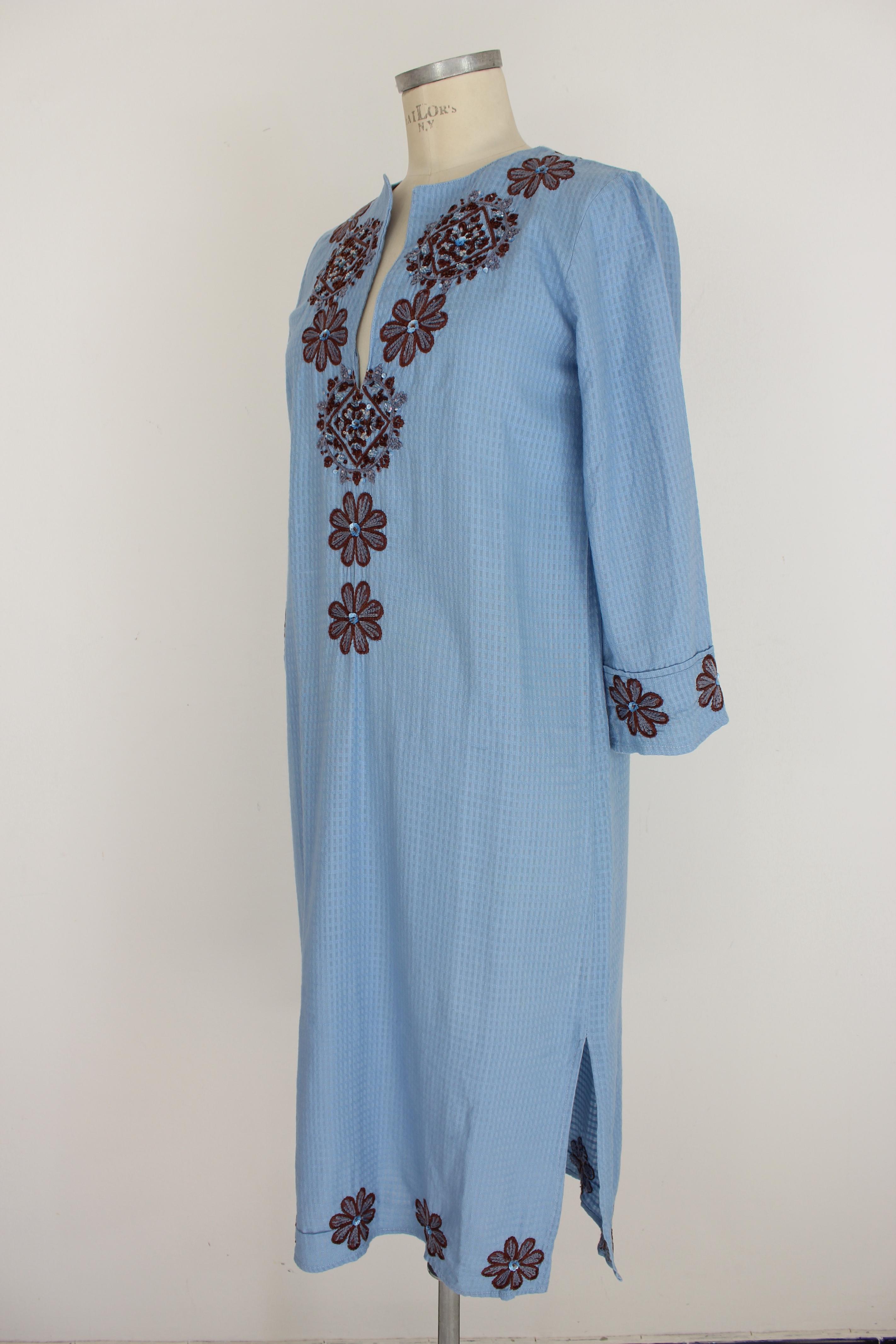 Antik Batik - Robe tunique bohème chic en coton bleu à paillettes Excellent état - En vente à Brindisi, Bt