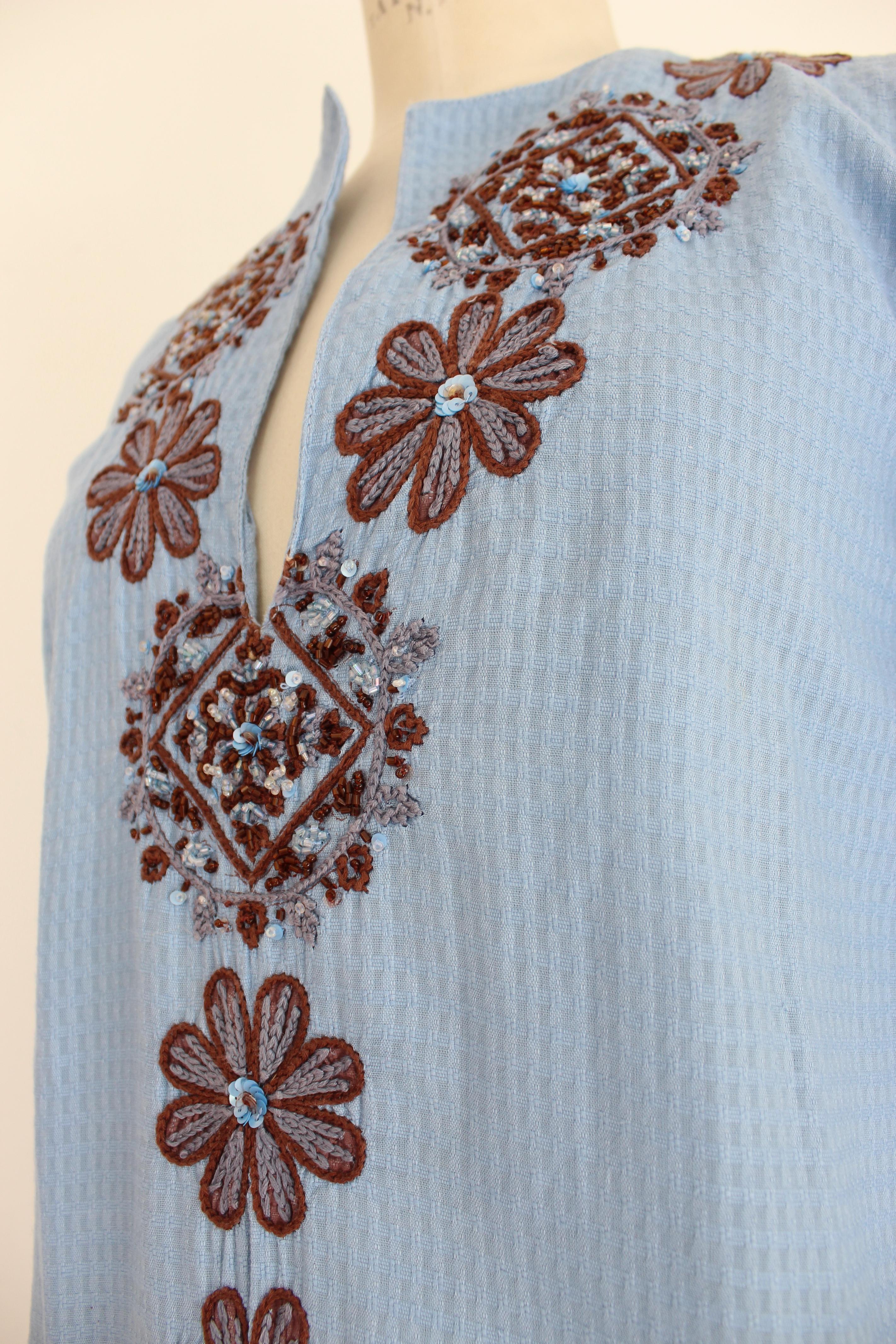 Antik Batik Blue Cotton Sequins Boho Chic Tunic Dress For Sale 1
