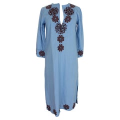 Vintage Antik Batik Blue Cotton Sequins Boho Chic Tunic Dress