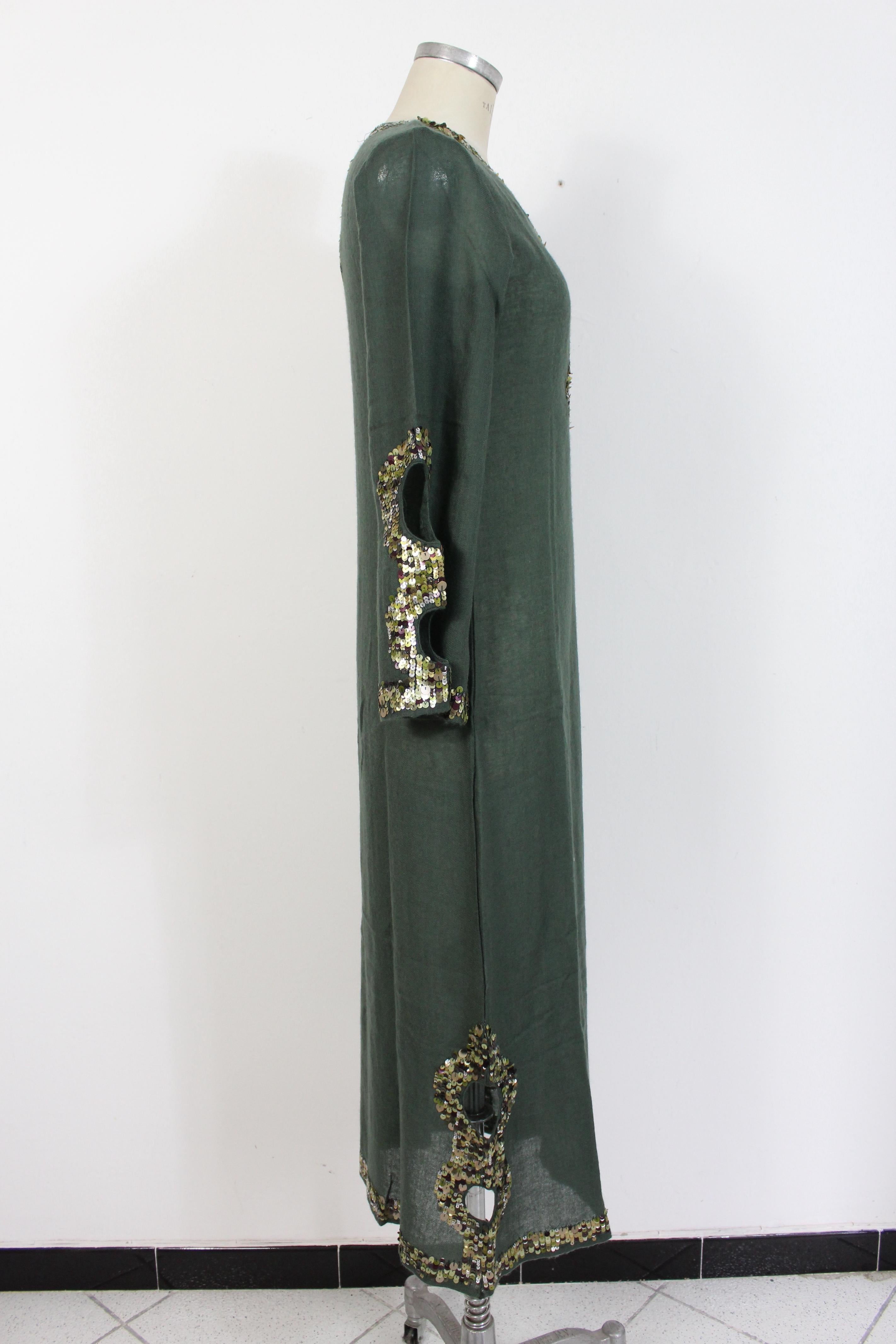 Antik Antik Antik Batik Grün Wolle Pailletten Boho Chic Tunika Kleid (Schwarz) im Angebot