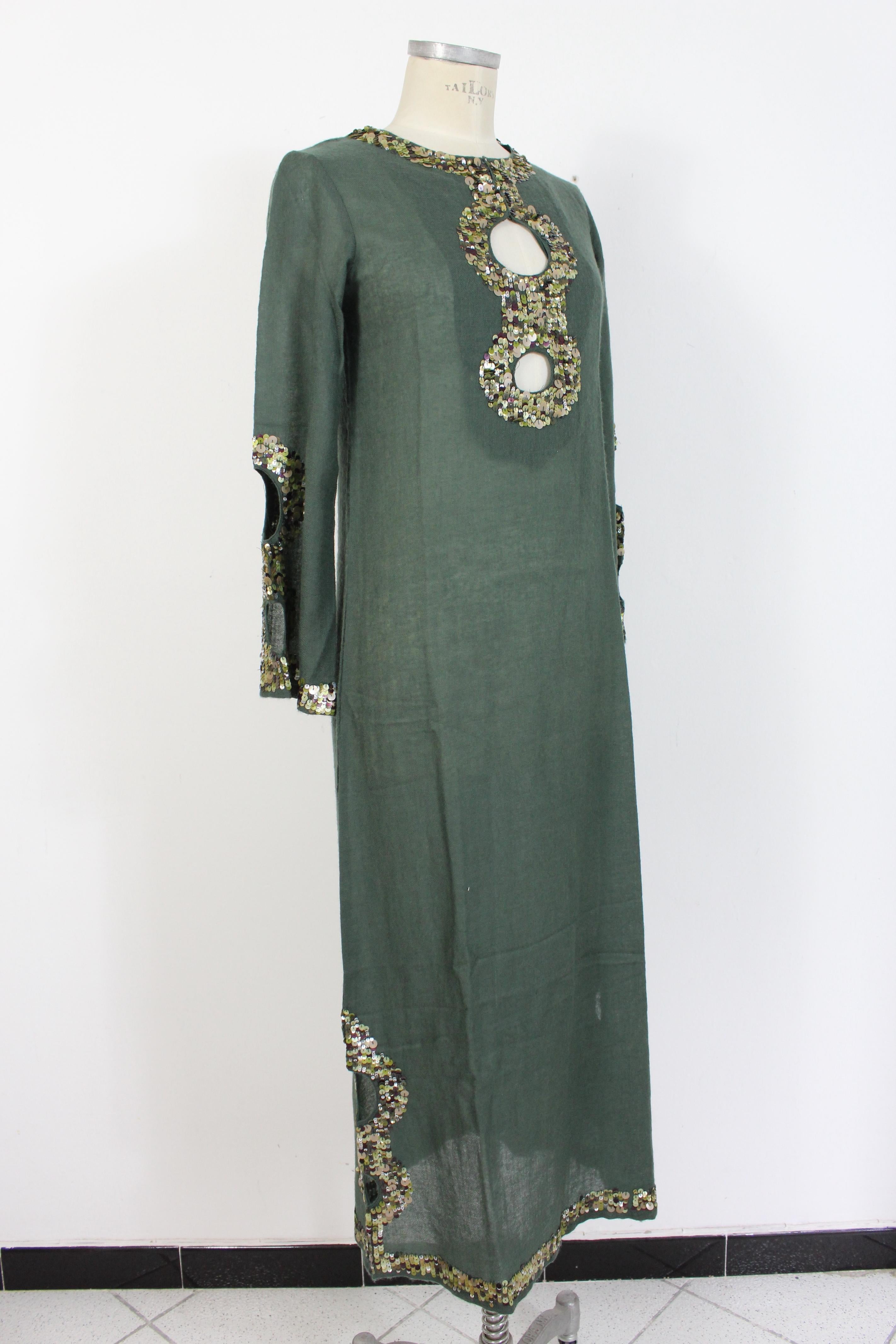 Antik Antik Antik Batik Grün Wolle Pailletten Boho Chic Tunika Kleid im Zustand „Hervorragend“ im Angebot in Brindisi, Bt