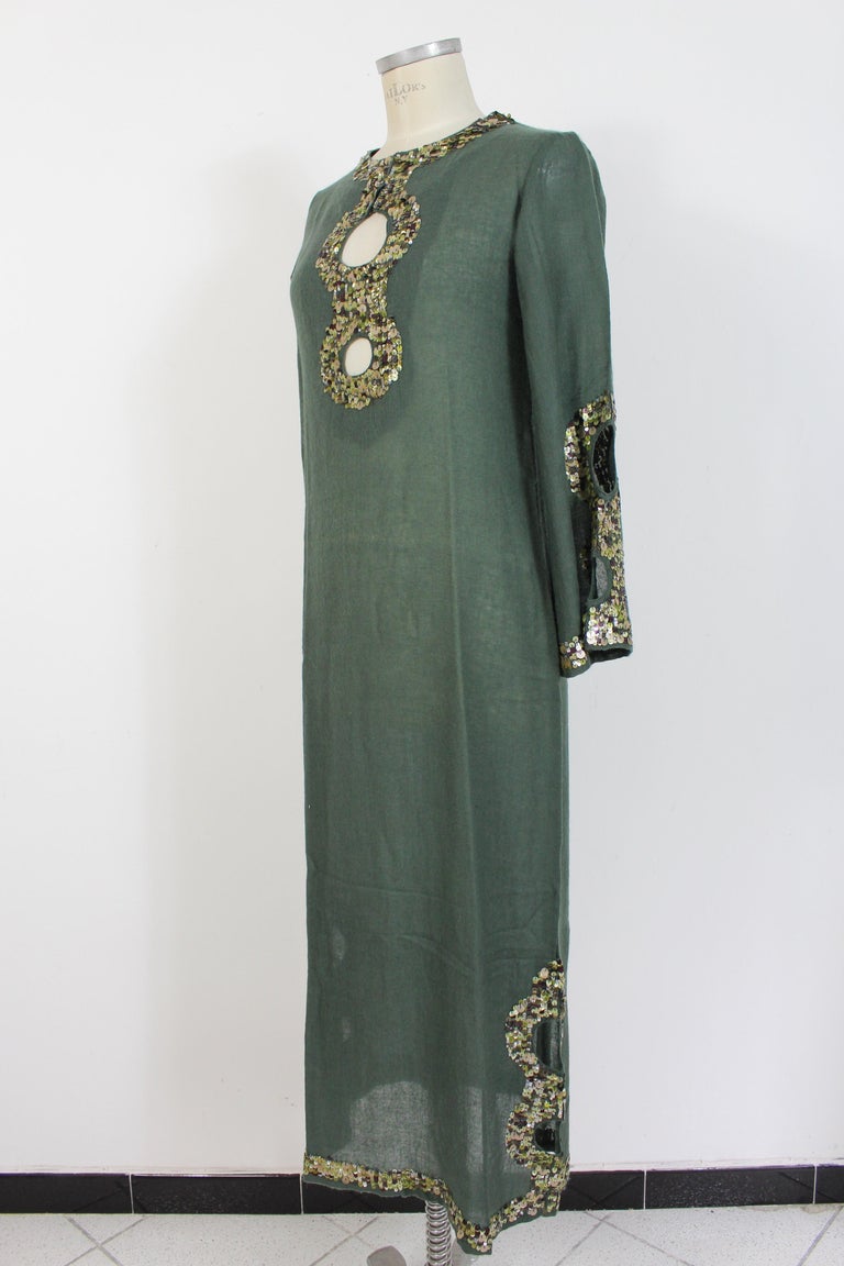 Women's Antik Batik Green Wool Sequins Boho Chic Tunic Dress For Sale