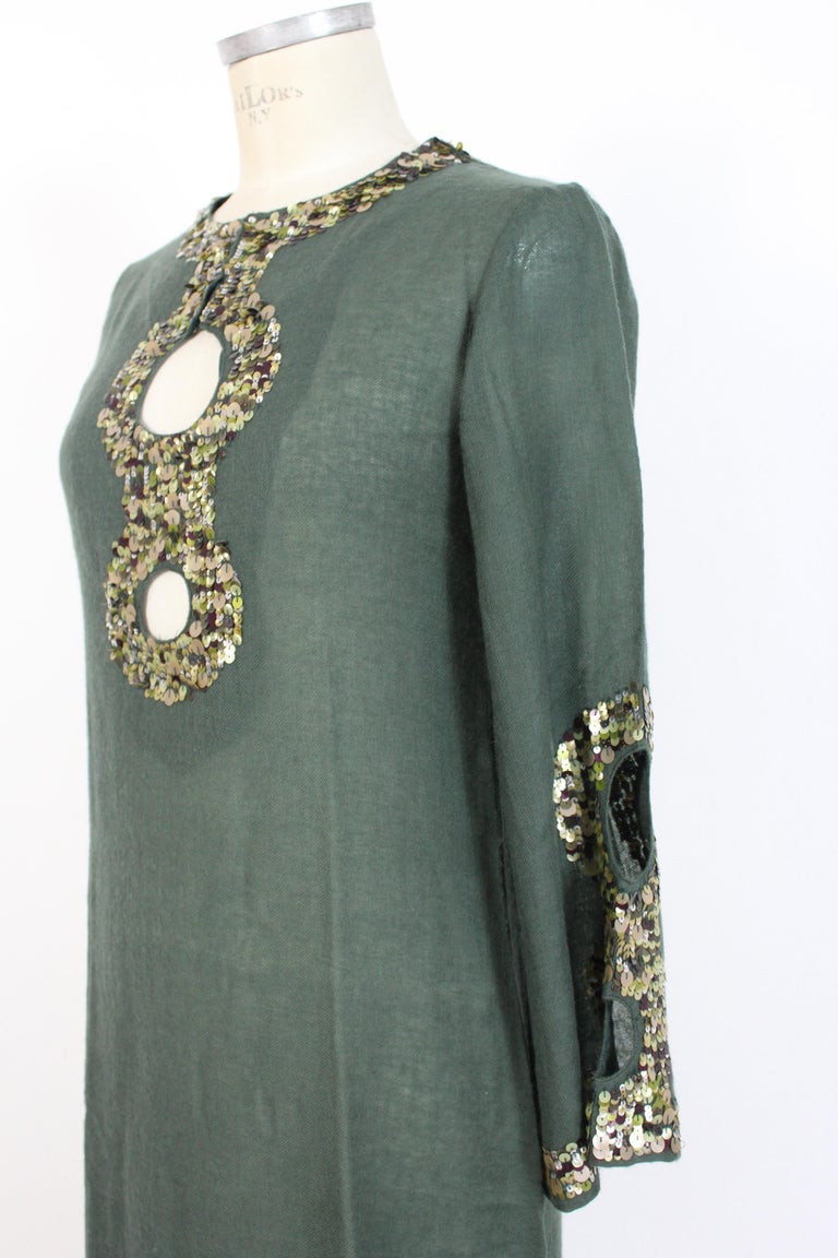 Antik Batik Green Wool Sequins Boho Chic Tunic Dress For Sale 1