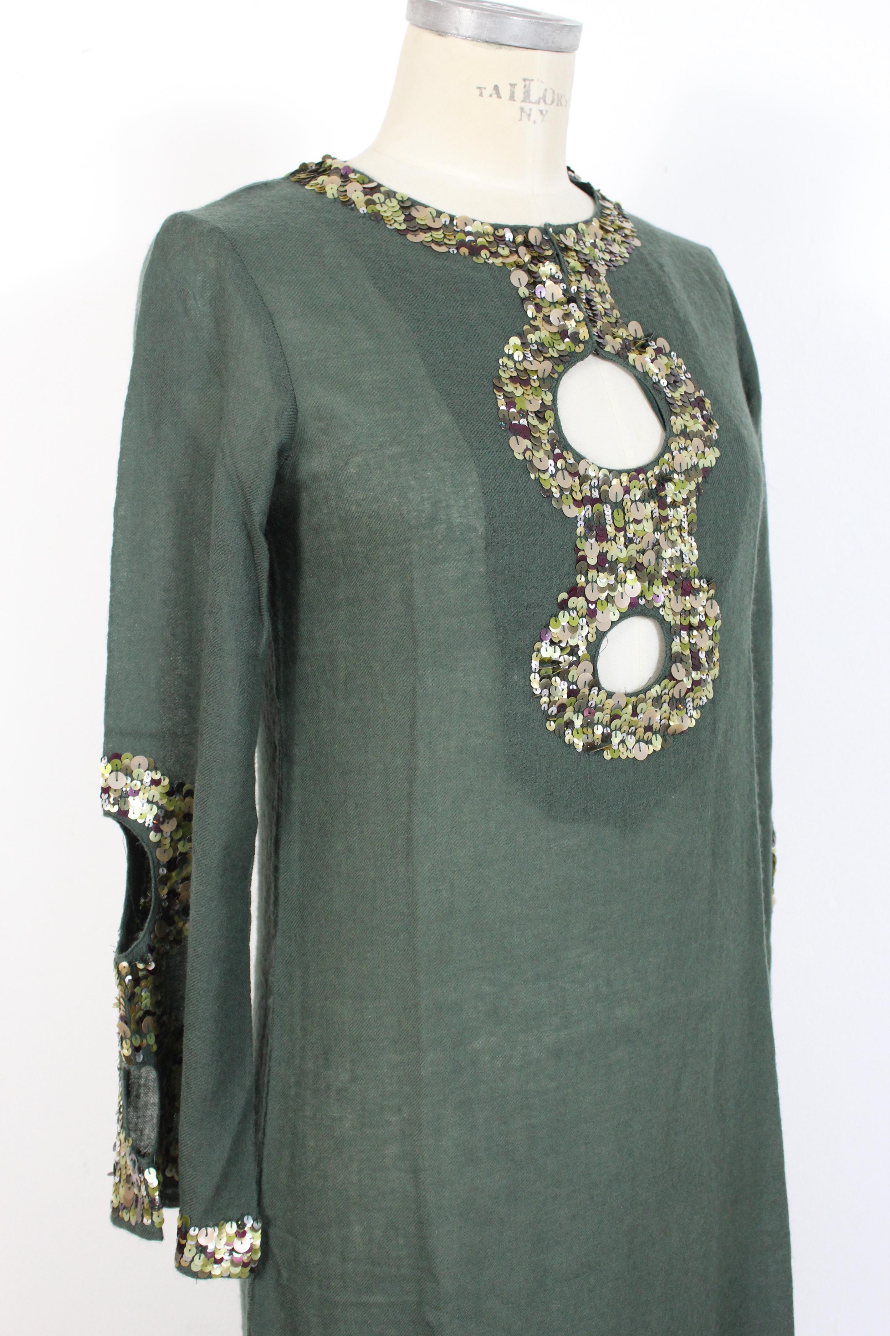 Antik Batik Green Wool Sequins Boho Chic Tunic Dress In Excellent Condition For Sale In Brindisi, Bt
