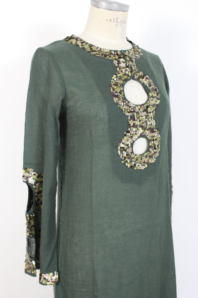 Antik Batik Green Wool Sequins Boho Chic Tunic Dress For Sale 2