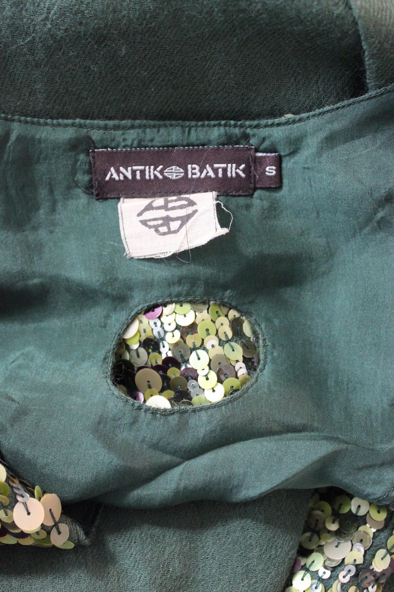 Antik Batik Green Wool Sequins Boho Chic Tunic Dress For Sale 3