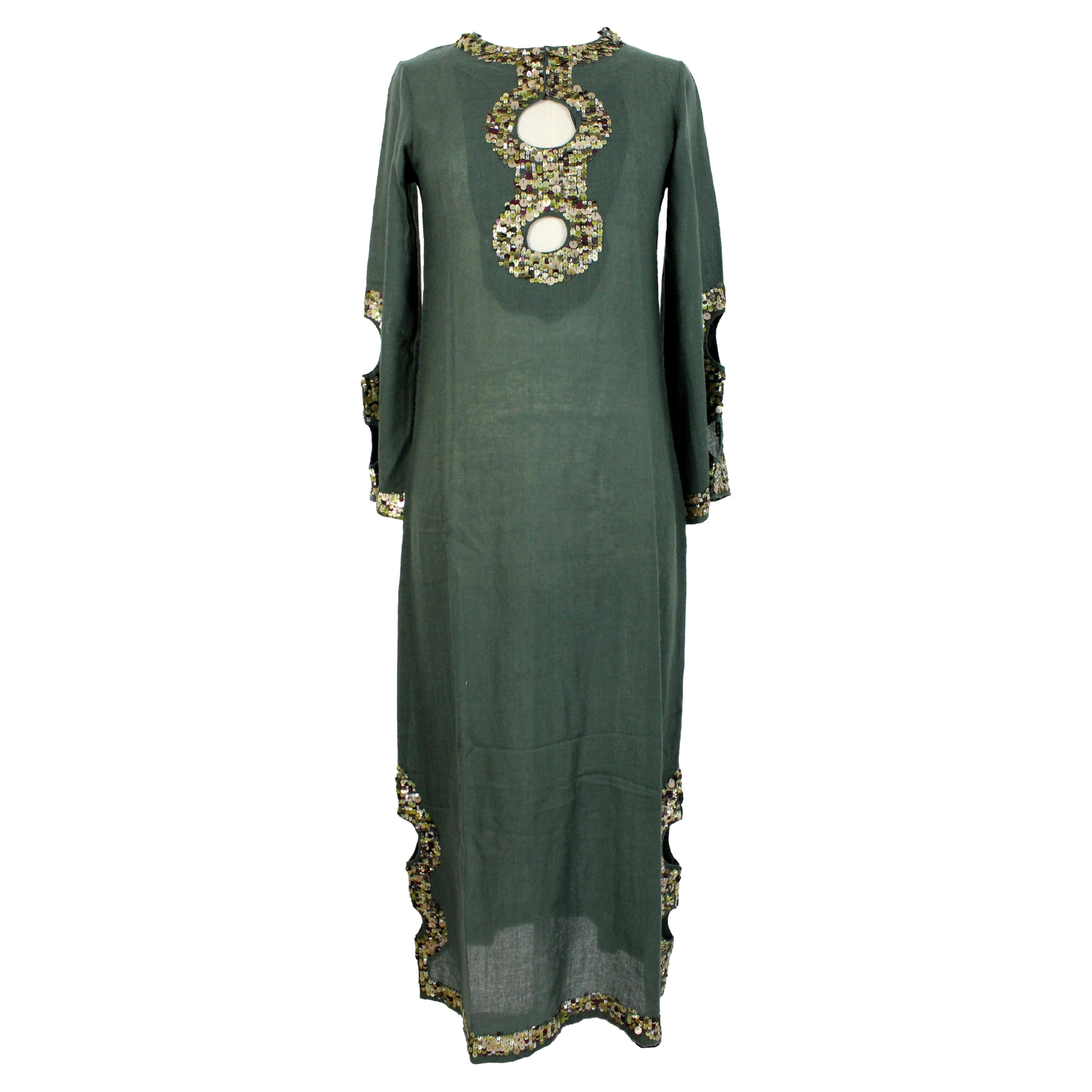 Antik Batik Green Wool Sequins Boho Chic Tunic Dress