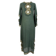 Antik Antik Antik Batik Grün Wolle Pailletten Boho Chic Tunika Kleid