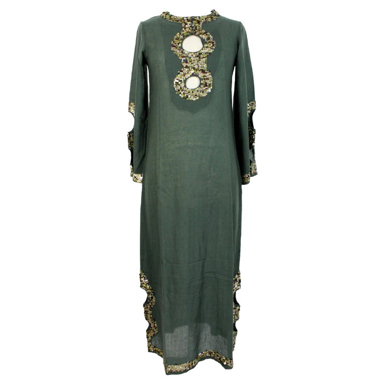 Antik Batik Green Wool Sequins Boho Chic Tunic Dress For Sale