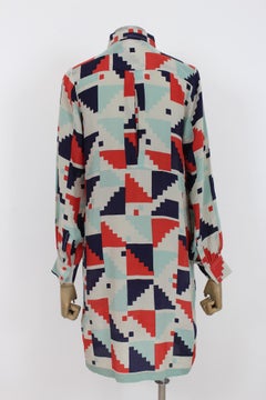 Antik Batik Seide Blau Rot Vintage Hemdkleid