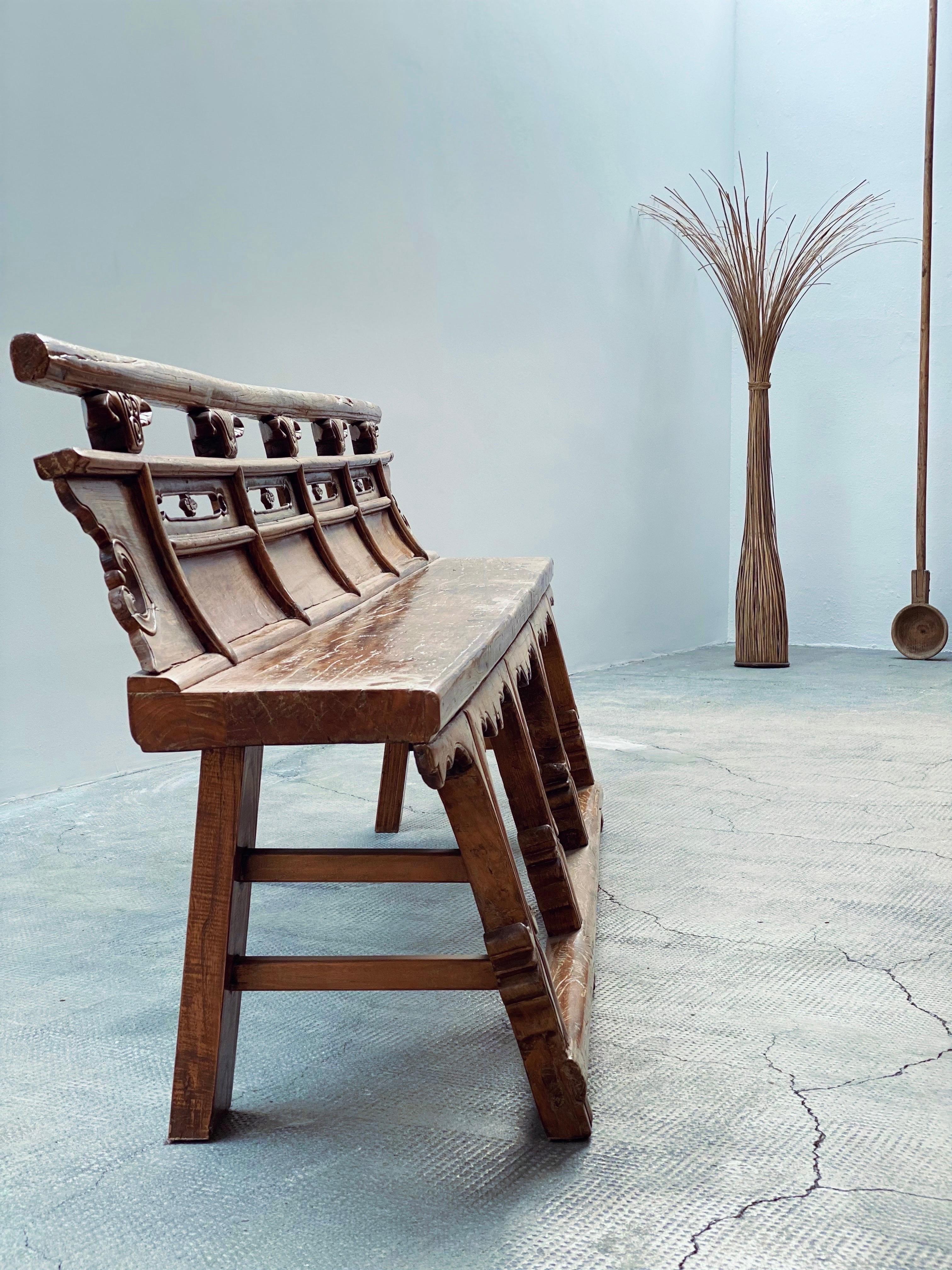 Antike Theaterbank Sitzbank Opera Bench Ulmenholz massiv, China 18. Jhd en venta 5