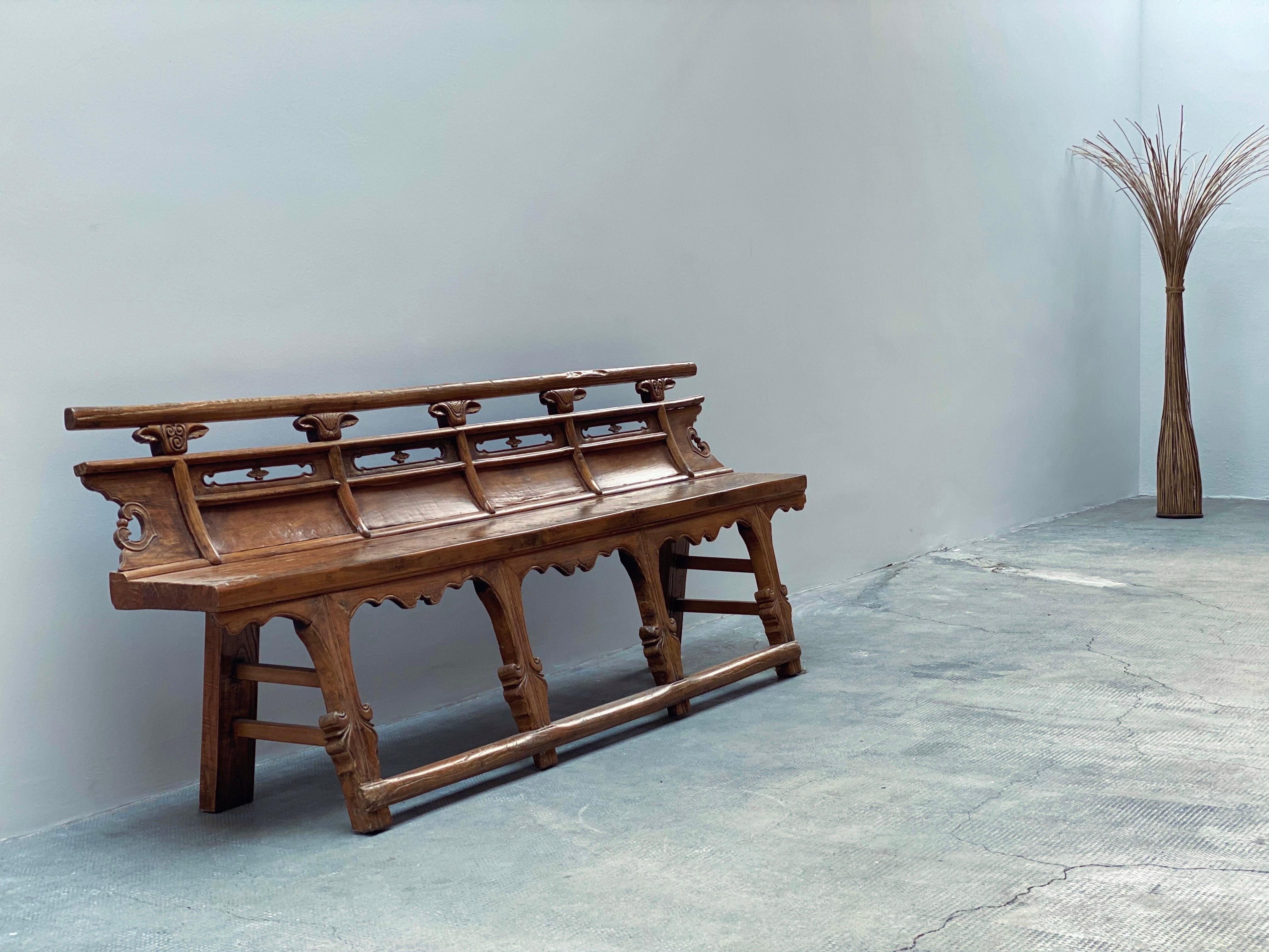 Antike Theaterbank Sitzbank Opera Bench Ulmenholz massiv, China 18. Jhd en venta 12